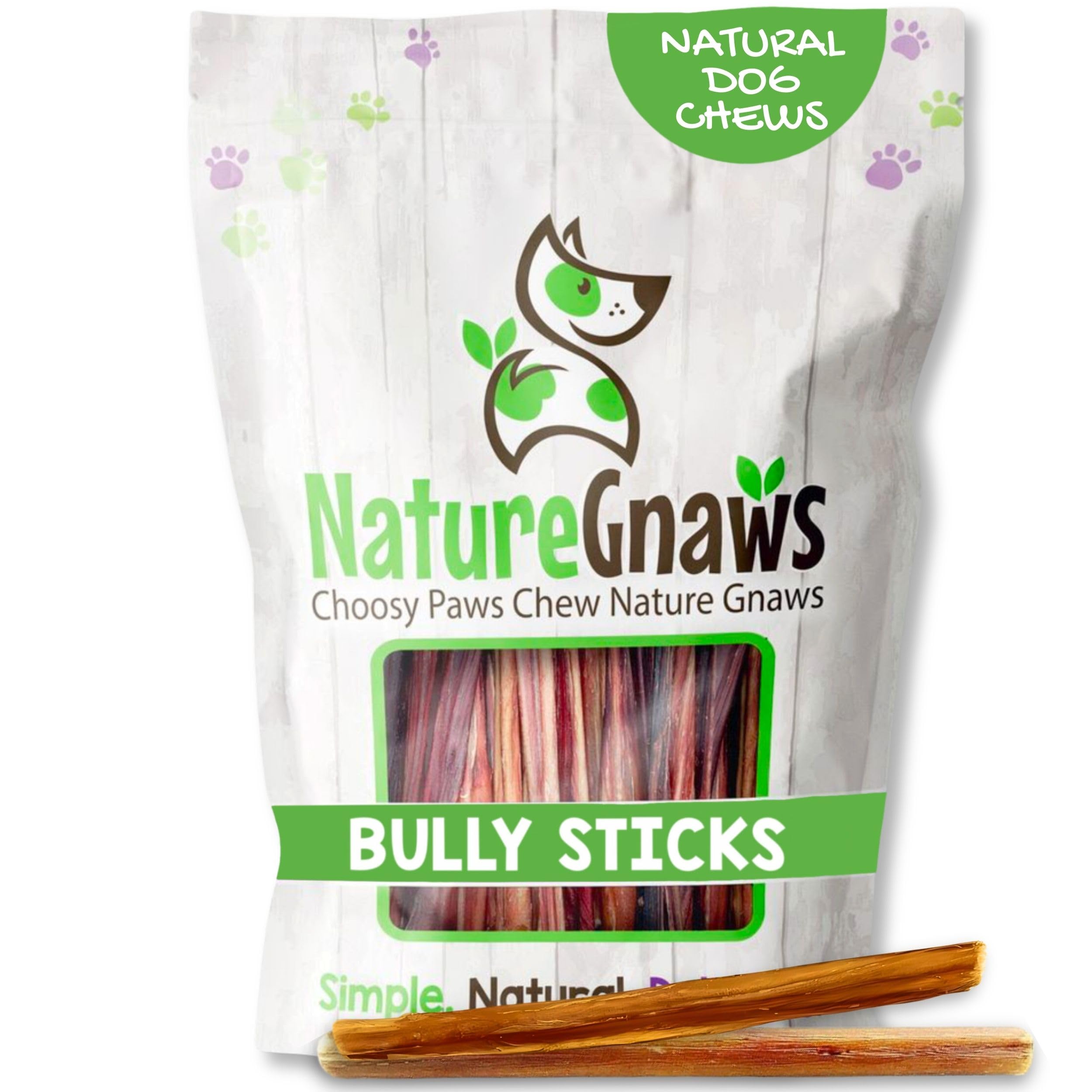Nature Gnaws empaque frontal mostrando 3 bully sticks, beneficio: presentación práctica