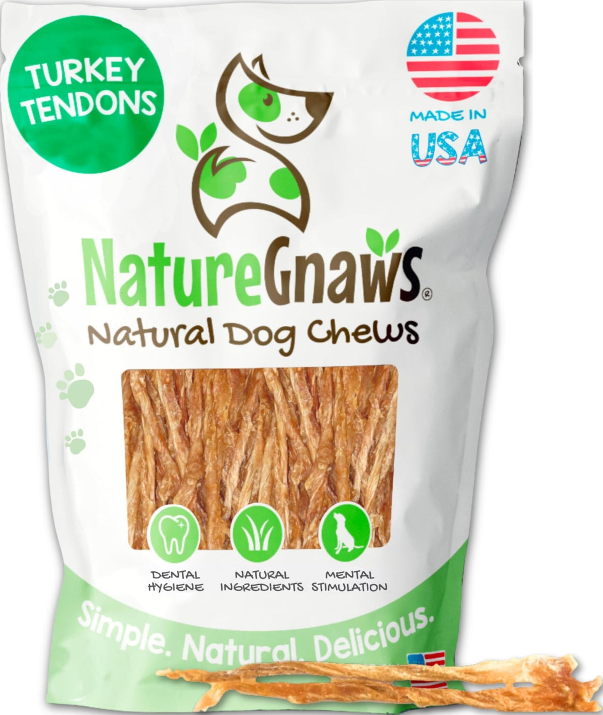 Nature Gnaws paquete frontal mostrando tendones de pavo, snack natural y seguro