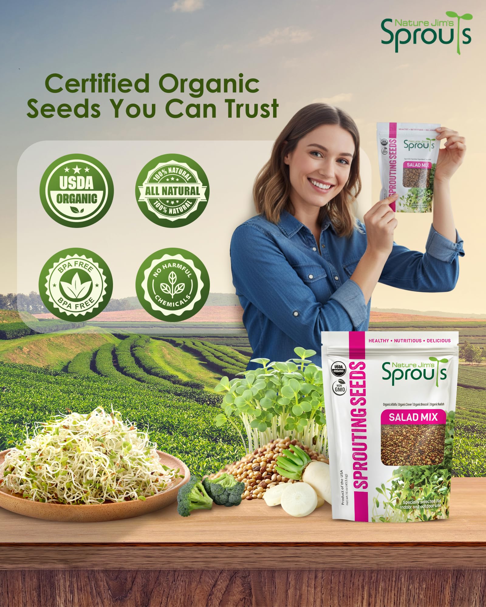 Nature Jim's etiqueta con sellos orgánico y no-GMO que aporta confianza al comprador