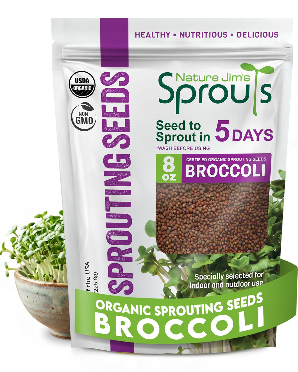 Nature Jim's Sprout frente del empaque mostrando cantidad y sello orgánico