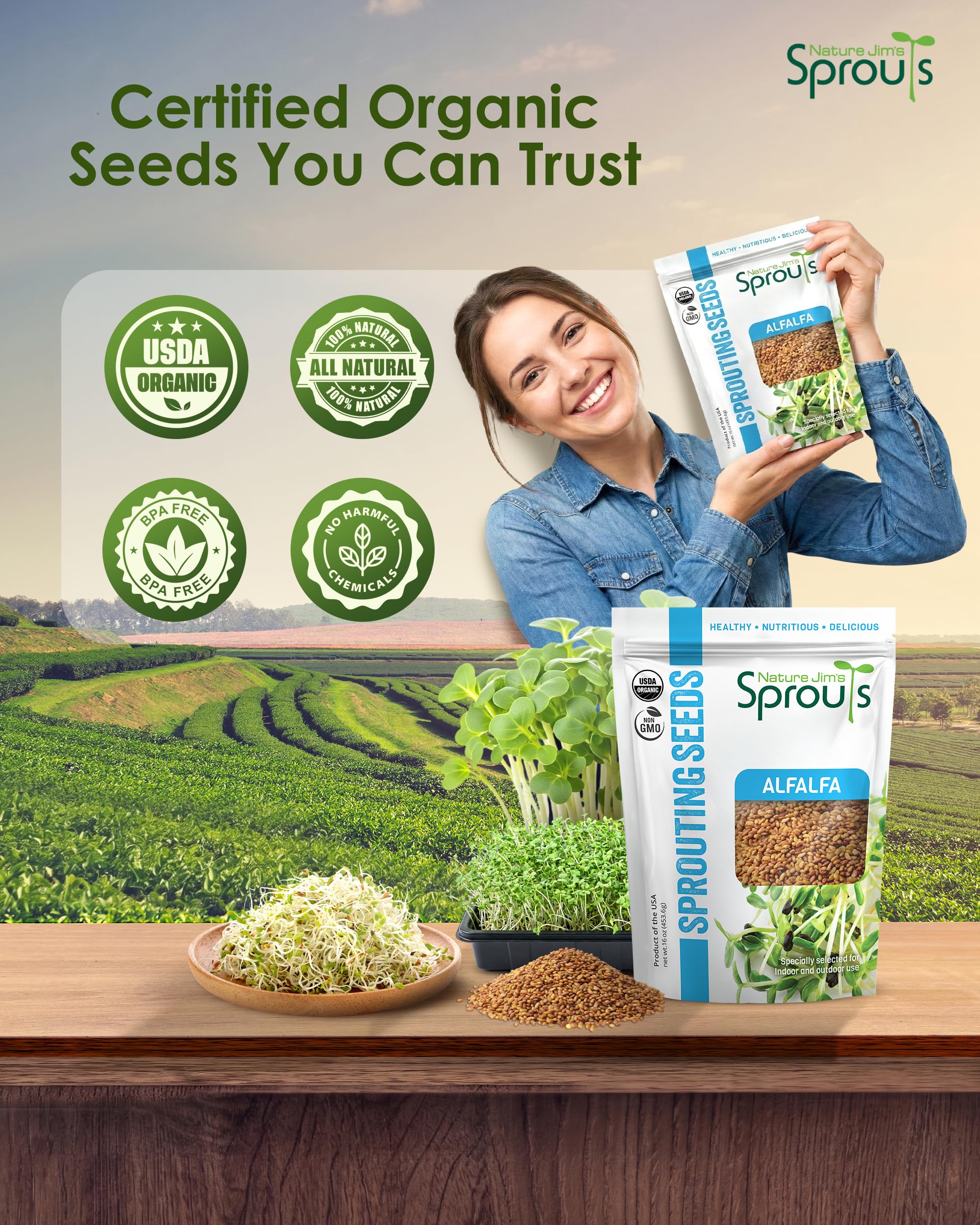 Nature Jim's Sprouts bolsa resellable abierta, conserva frescura entre cultivos