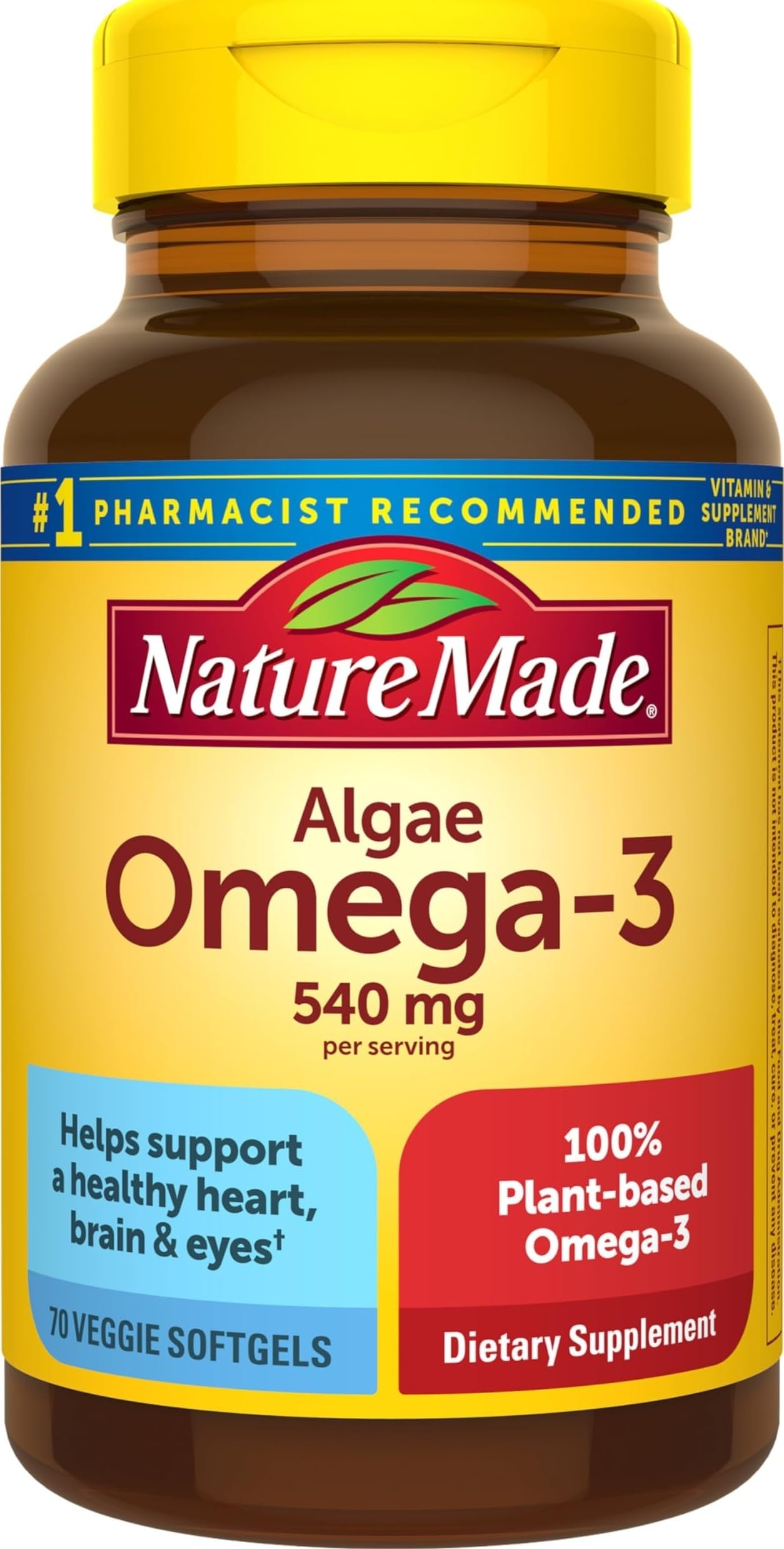 Nature Made botella frontal mostrando 70 cápsulas vegetales y beneficios claros