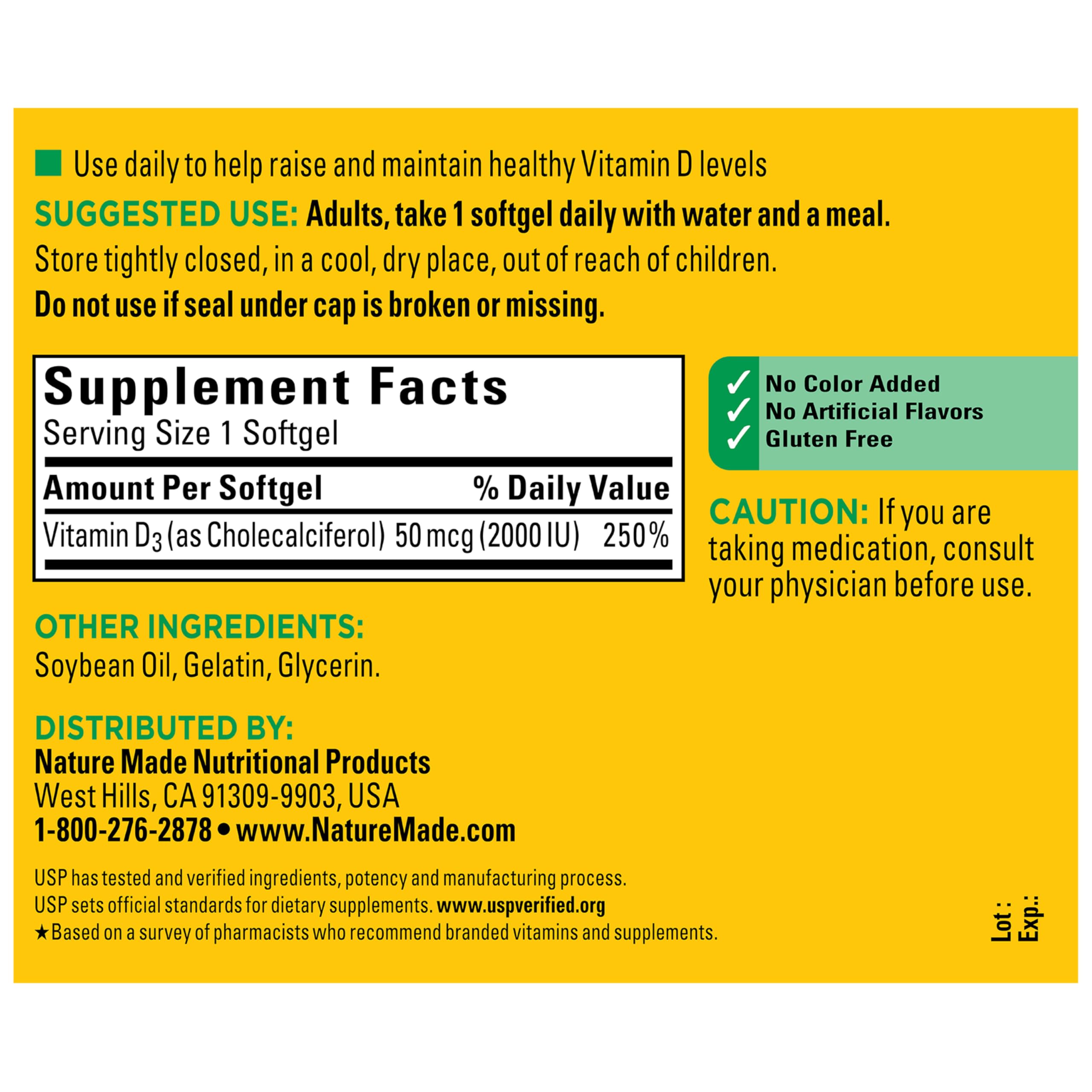 Nature Made botella abierta con softgels D3 mostrando cantidad interior