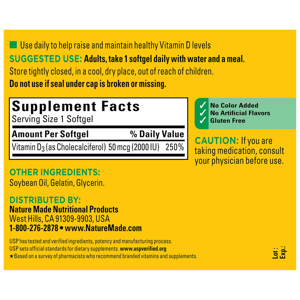Nature Made botella abierta con softgels D3 mostrando cantidad interior