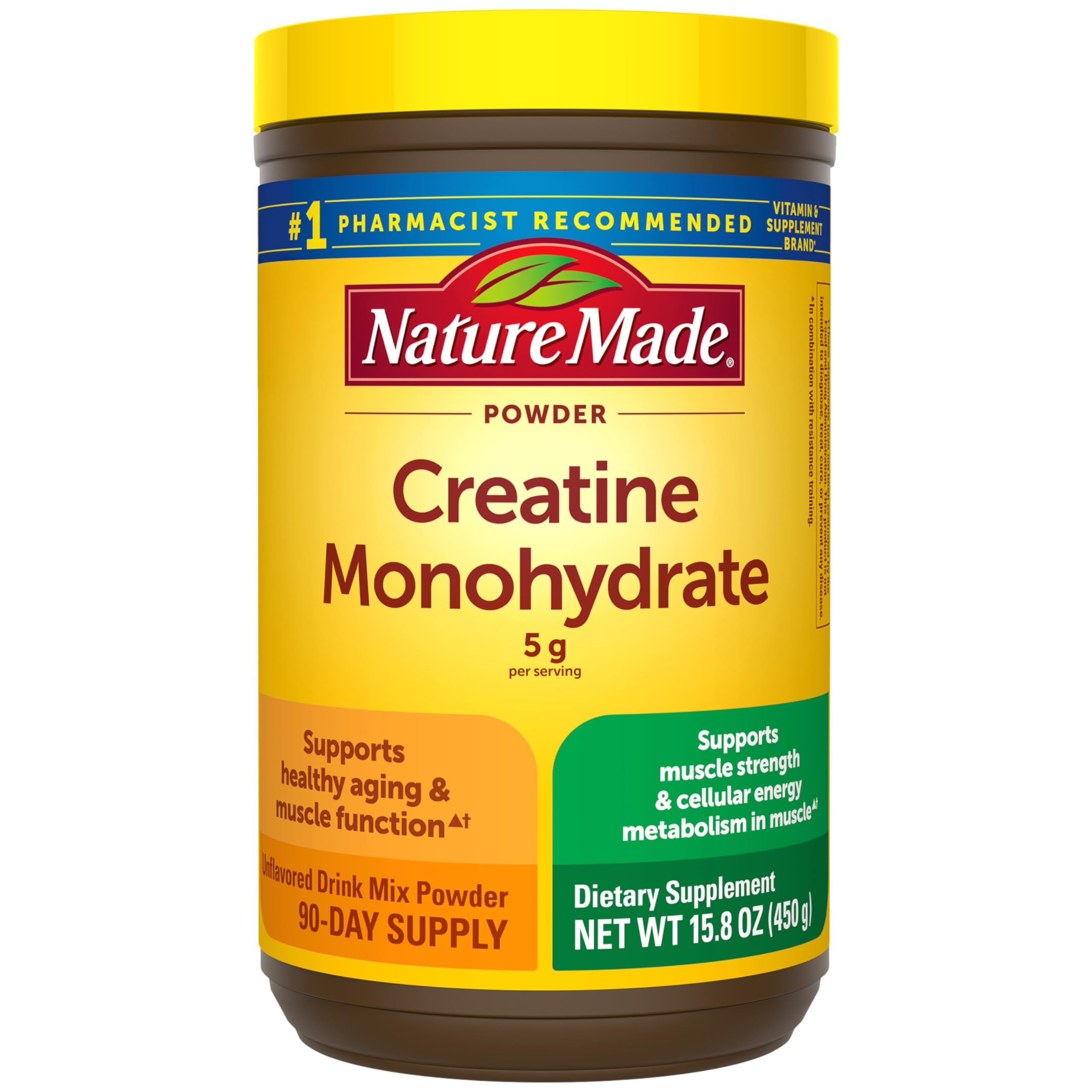 Nature Made envase frontal de creatina micronizada mostrando tamaño y marca, confianza