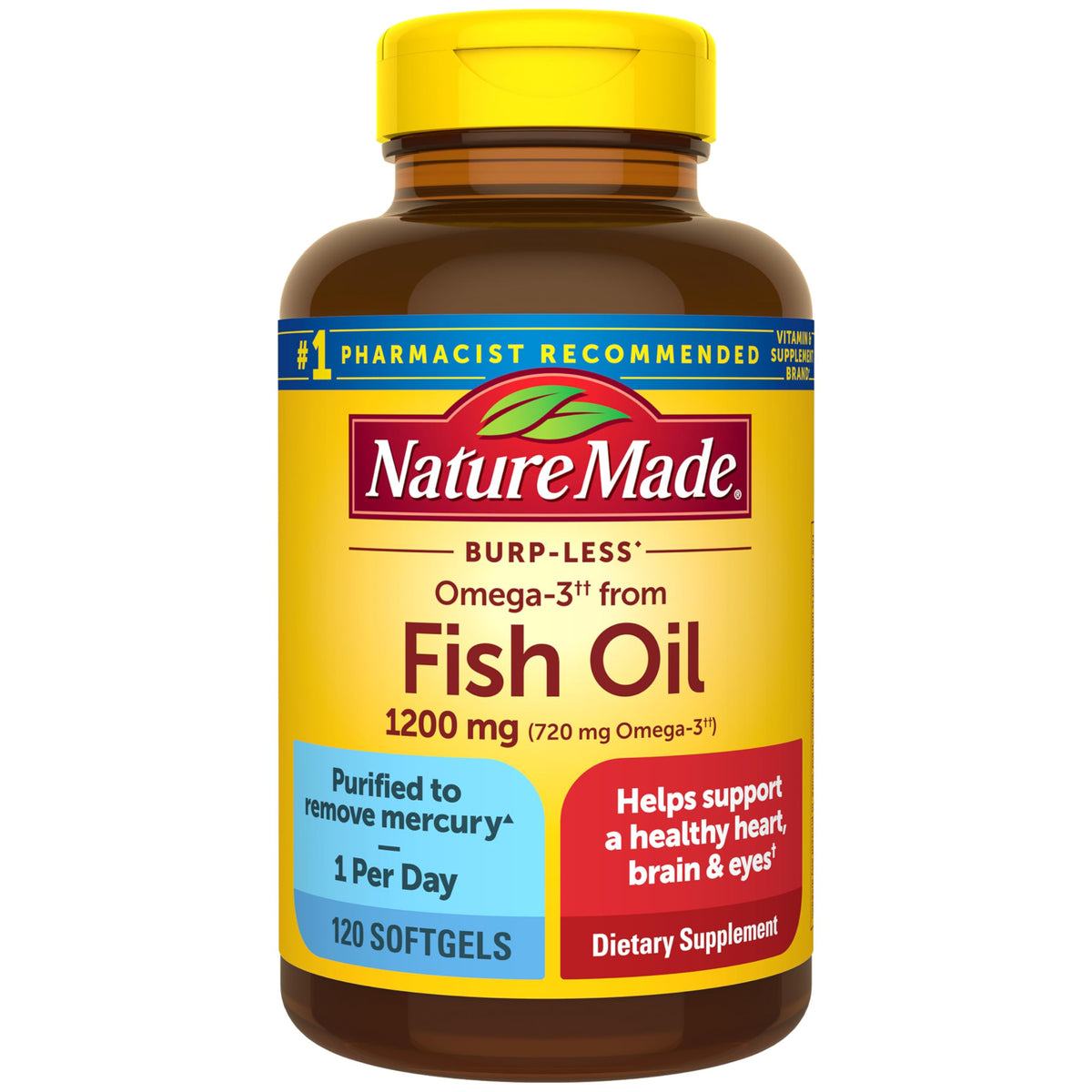 Nature Made frasco frente con etiqueta clara y beneficio de pureza