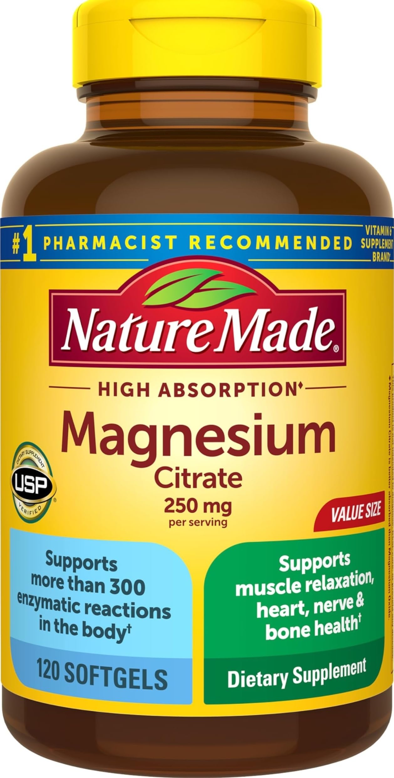Nature Made frasco frontal que muestra 120 softgels y confianza de marca