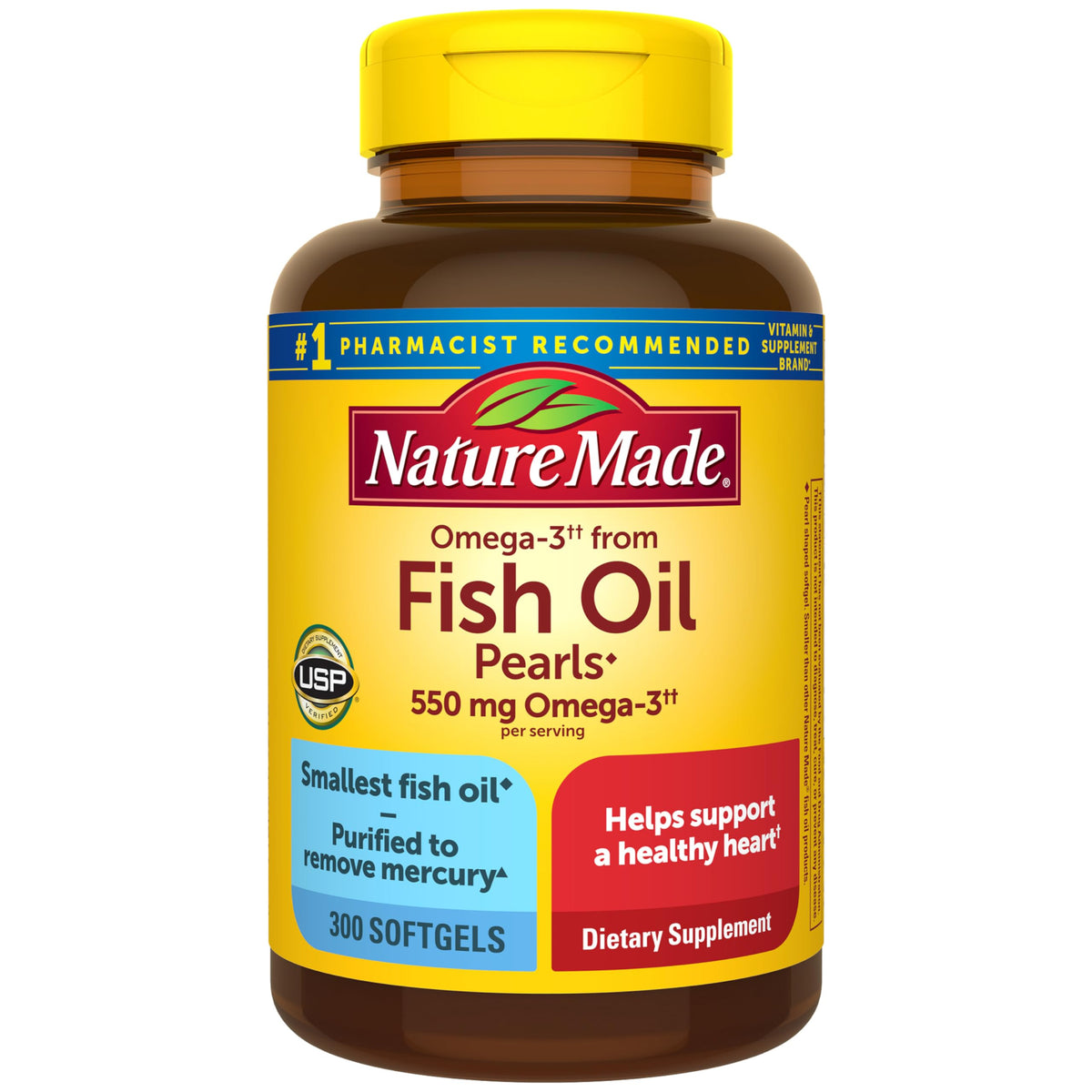 Nature Made frasco frontal mostrando 300 perlas y beneficios de omega‑3