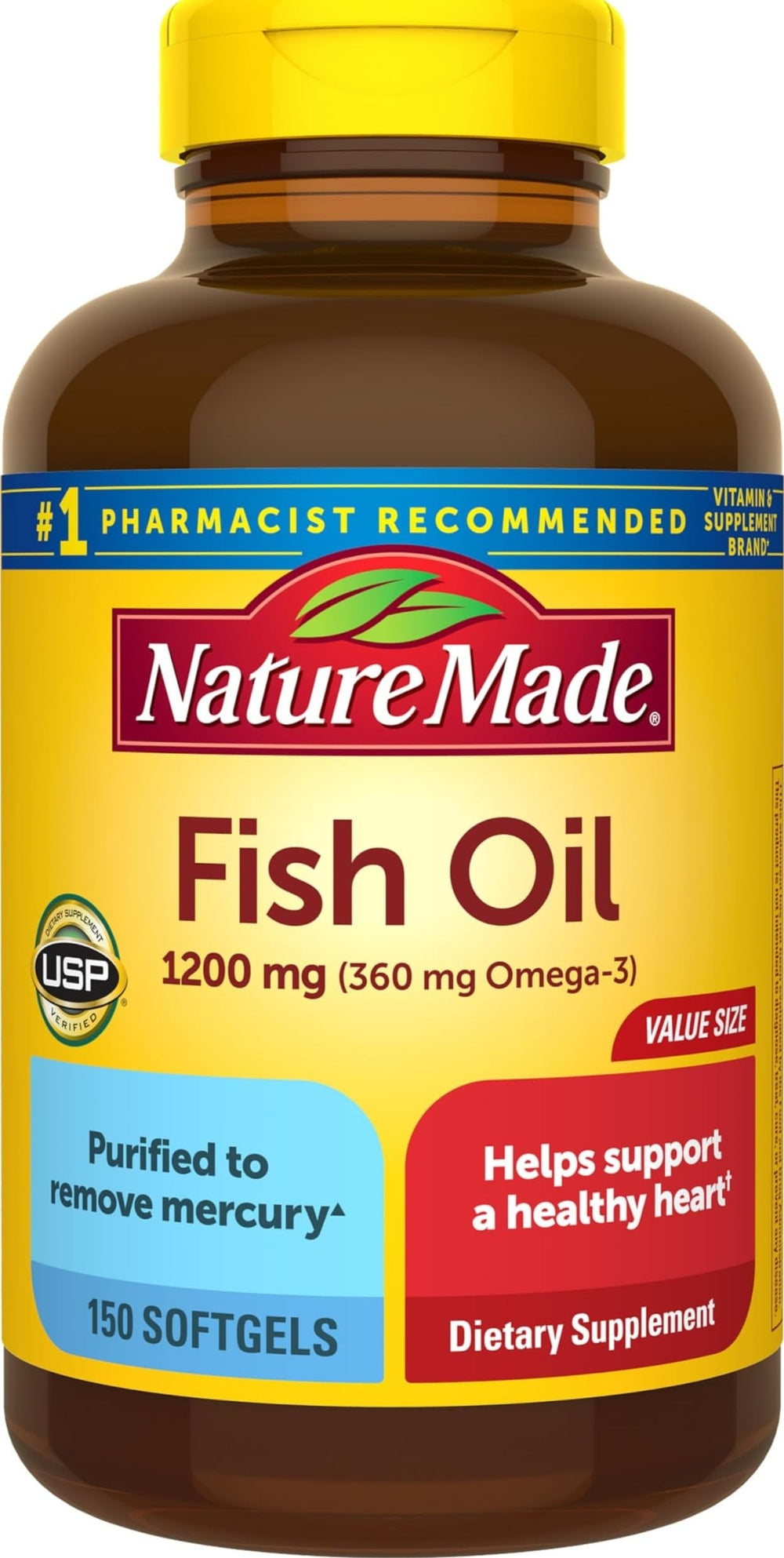Nature Made frasco frontal mostrando 150 cápsulas y etiqueta clara, confianza de marca