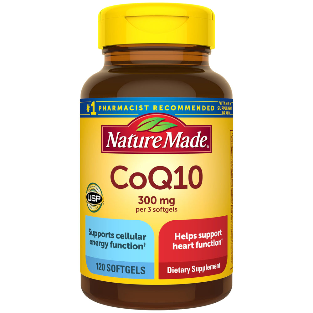 Nature Made envase frontal CoQ10 mostrando dosis y cantidad como ventaja