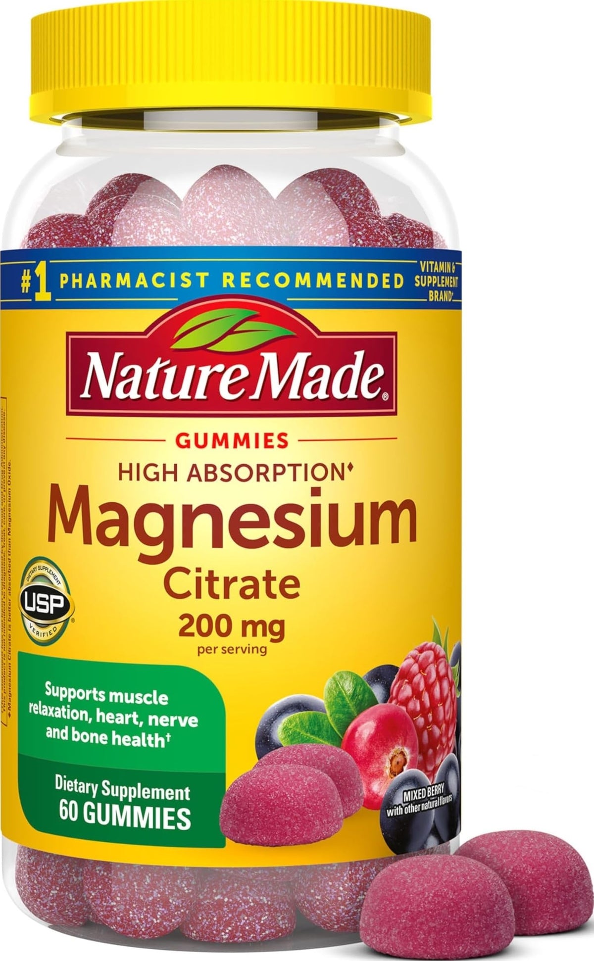 Nature Made frente del envase mostrando 60 gomitas y beneficios claros