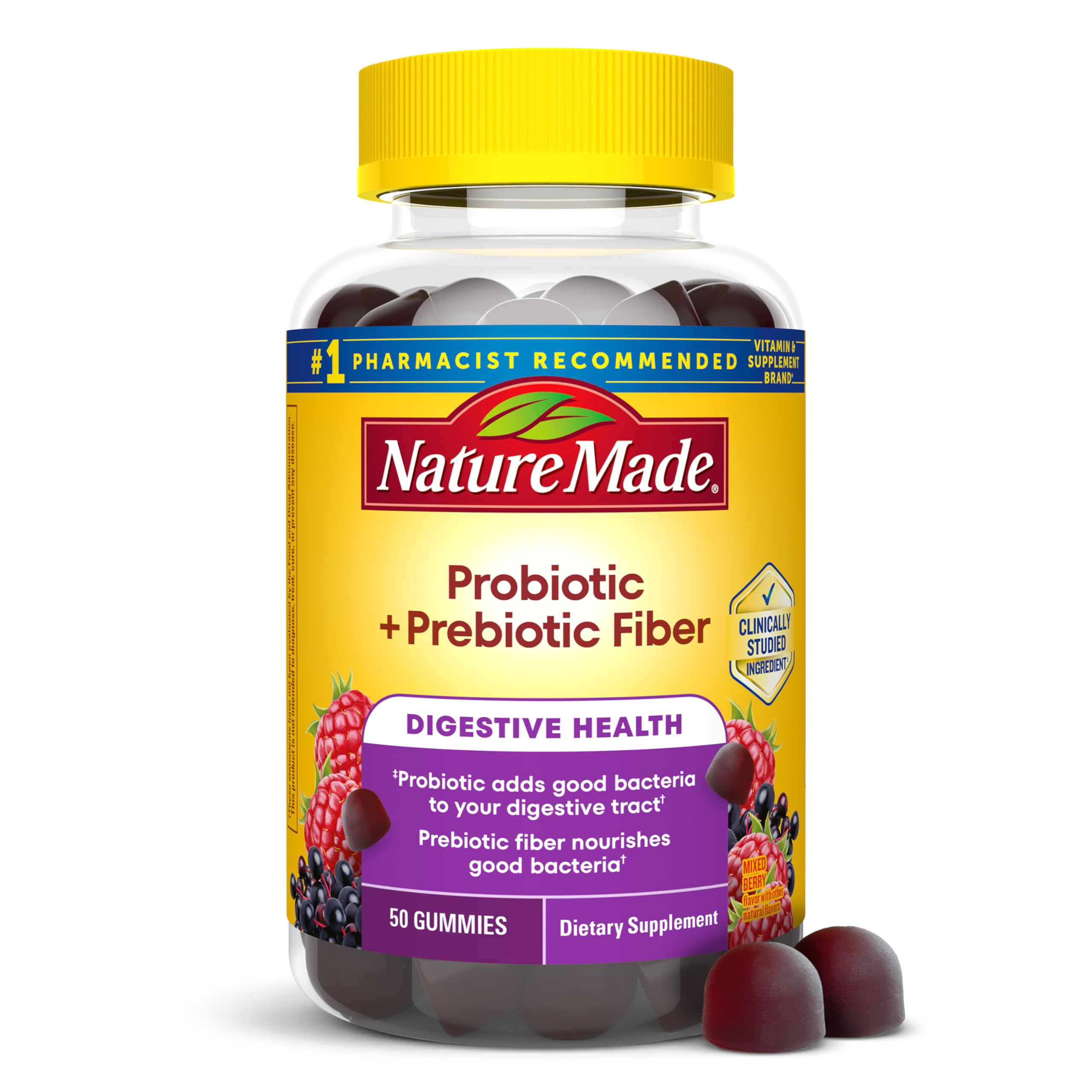 Nature Made frente del envase mostrando 50 gominolas y beneficio práctico
