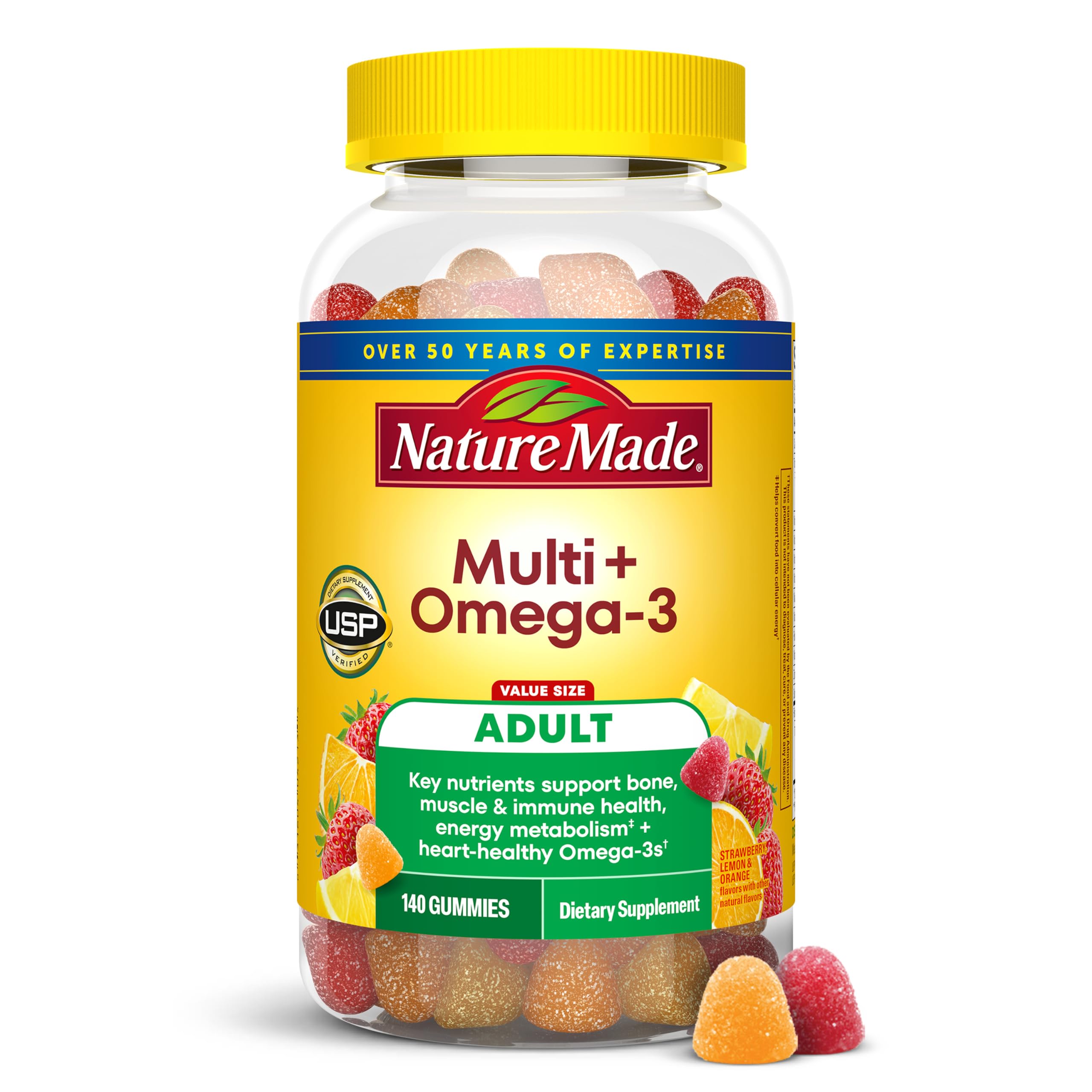 Nature Made botella frontal mostrando 140 gomitas y beneficio de suministro prolongado
