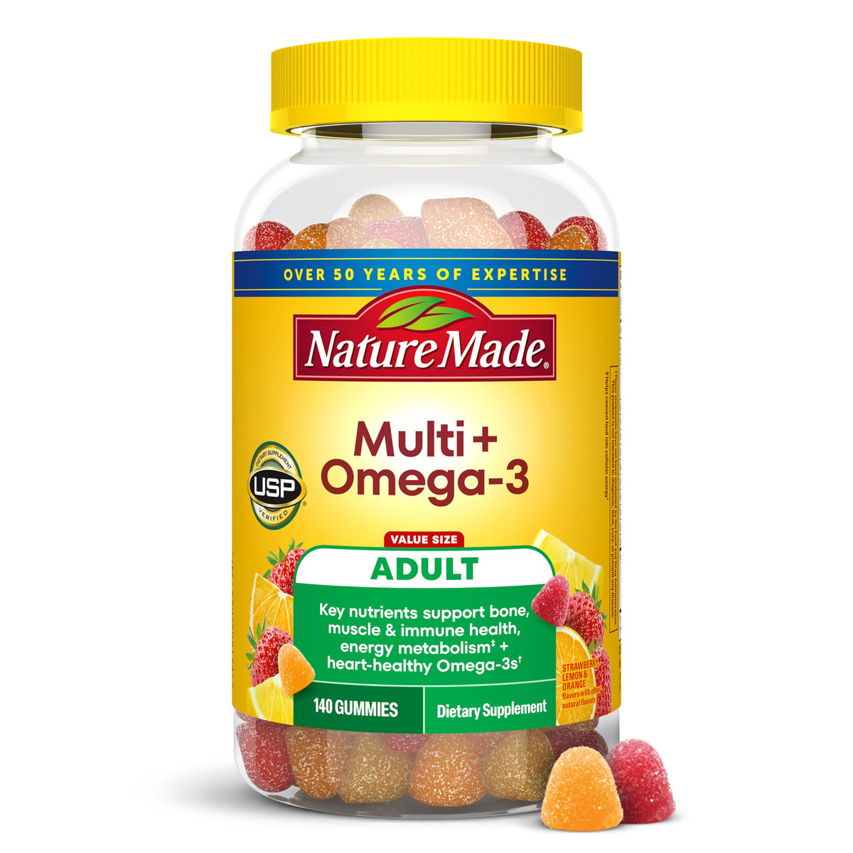 Nature Made botella frontal mostrando 140 gomitas y beneficio de suministro prolongado