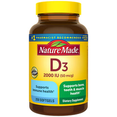 Nature Made envase frontal de Vitamina D3 250 softgels mostrando duración