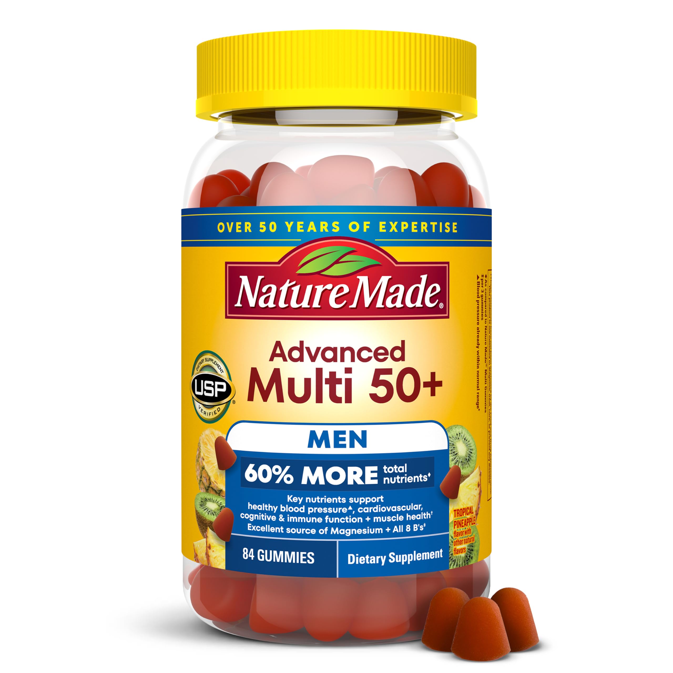 Nature Made frontal de la botella mostrando 84 gomitas y beneficios