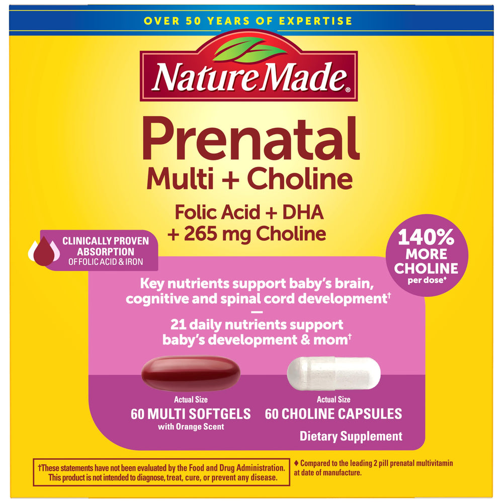 Nature Made envase frontal del set prenatal mostrando beneficios clave