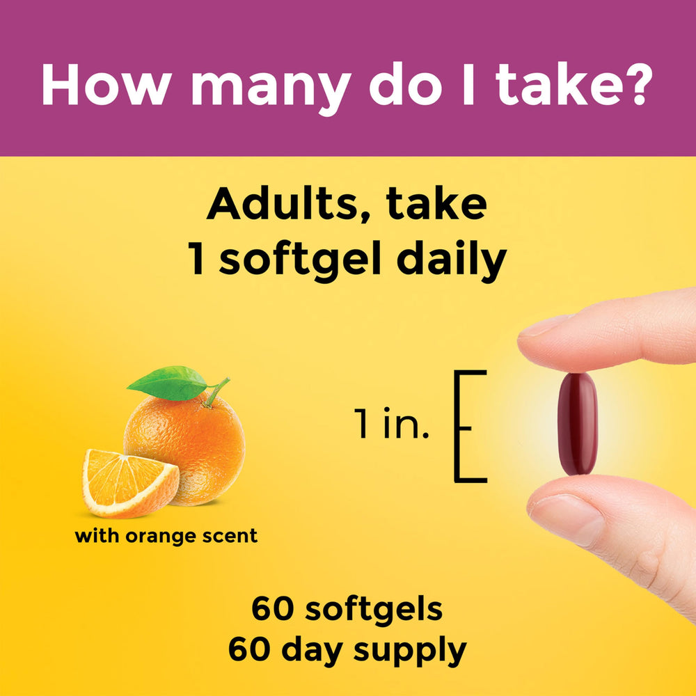 Nature Made softgels dentro del frasco mostrando contenido y cantidad
