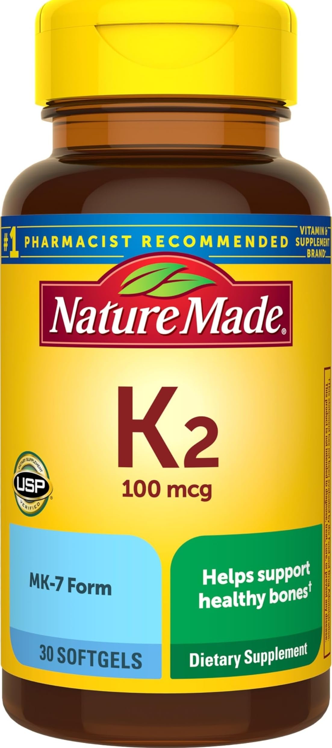 Nature Made envase frontal de Vitamina K2 100 mcg mostrando tamaño y etiqueta