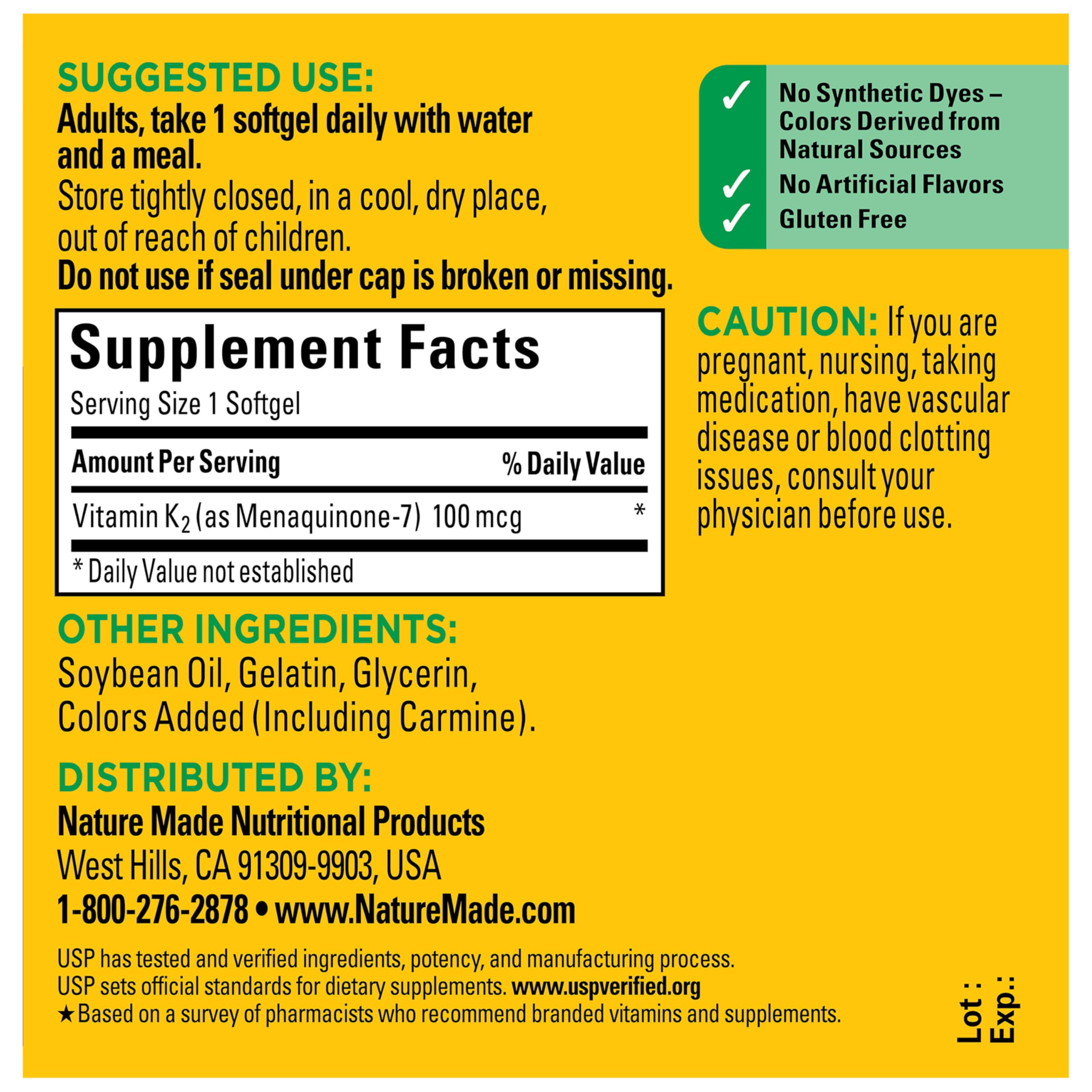 Símbolo sin gluten en envase Nature Made Vitamina K2 enfatizando aptitud