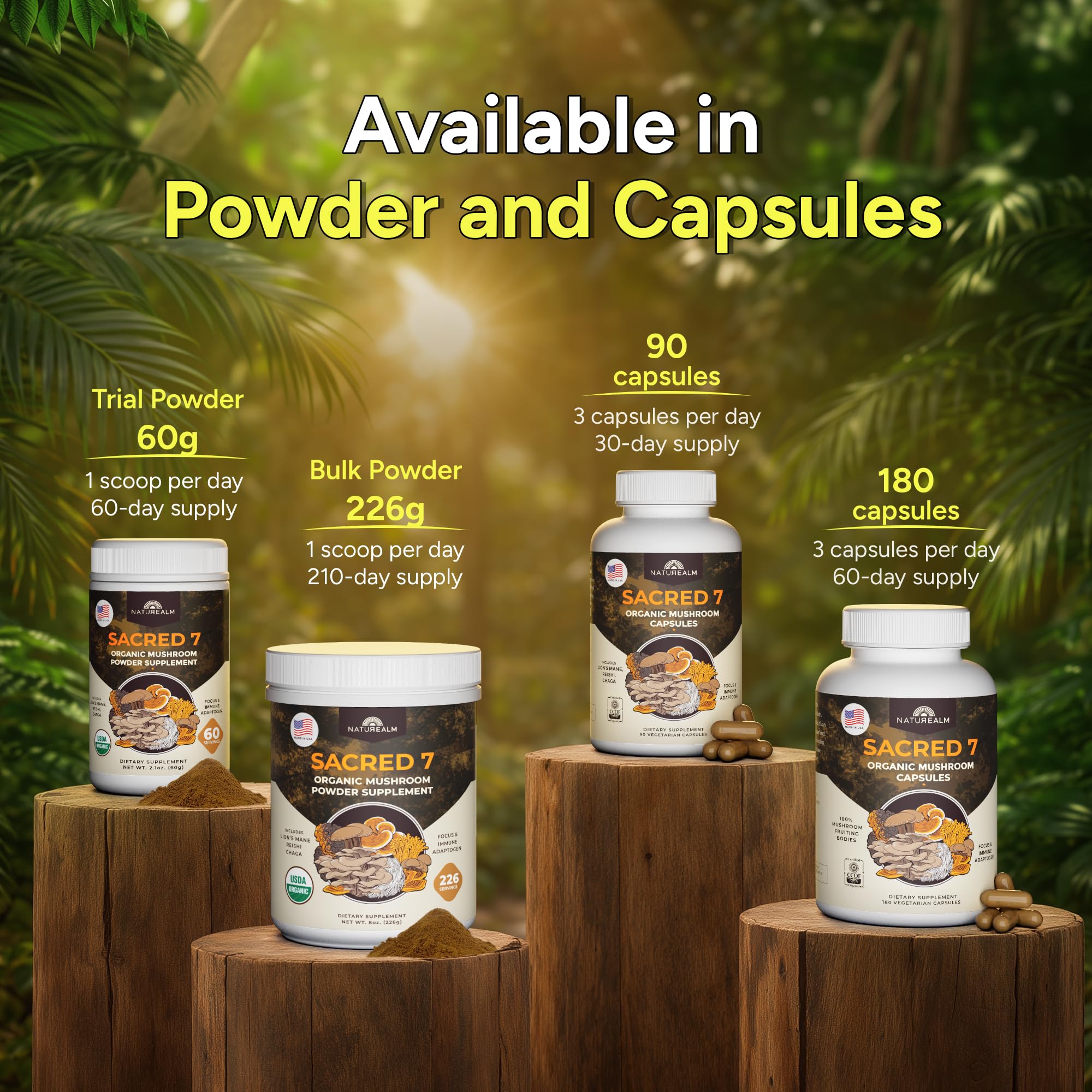 Naturealm Sacred 7 junto a mano para comparar proporciones, indica rendimiento por envase