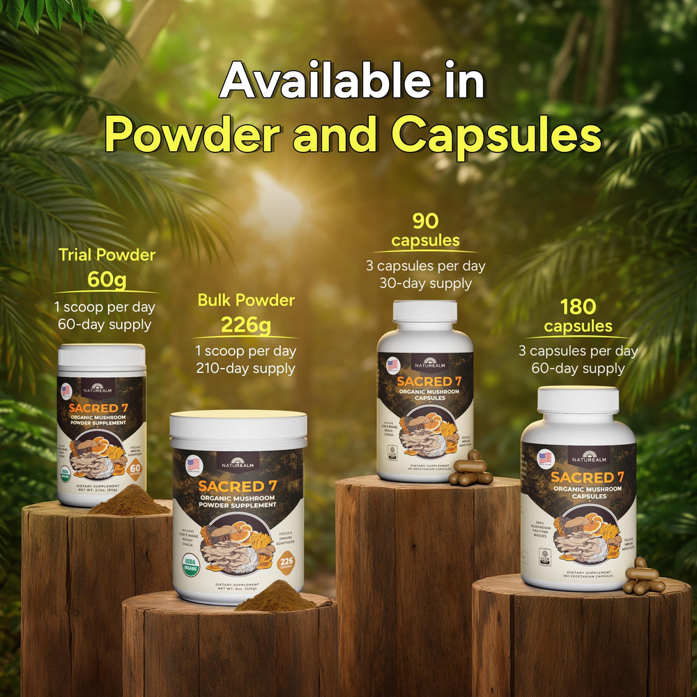 Naturealm Sacred 7 junto a mano para comparar proporciones, indica rendimiento por envase