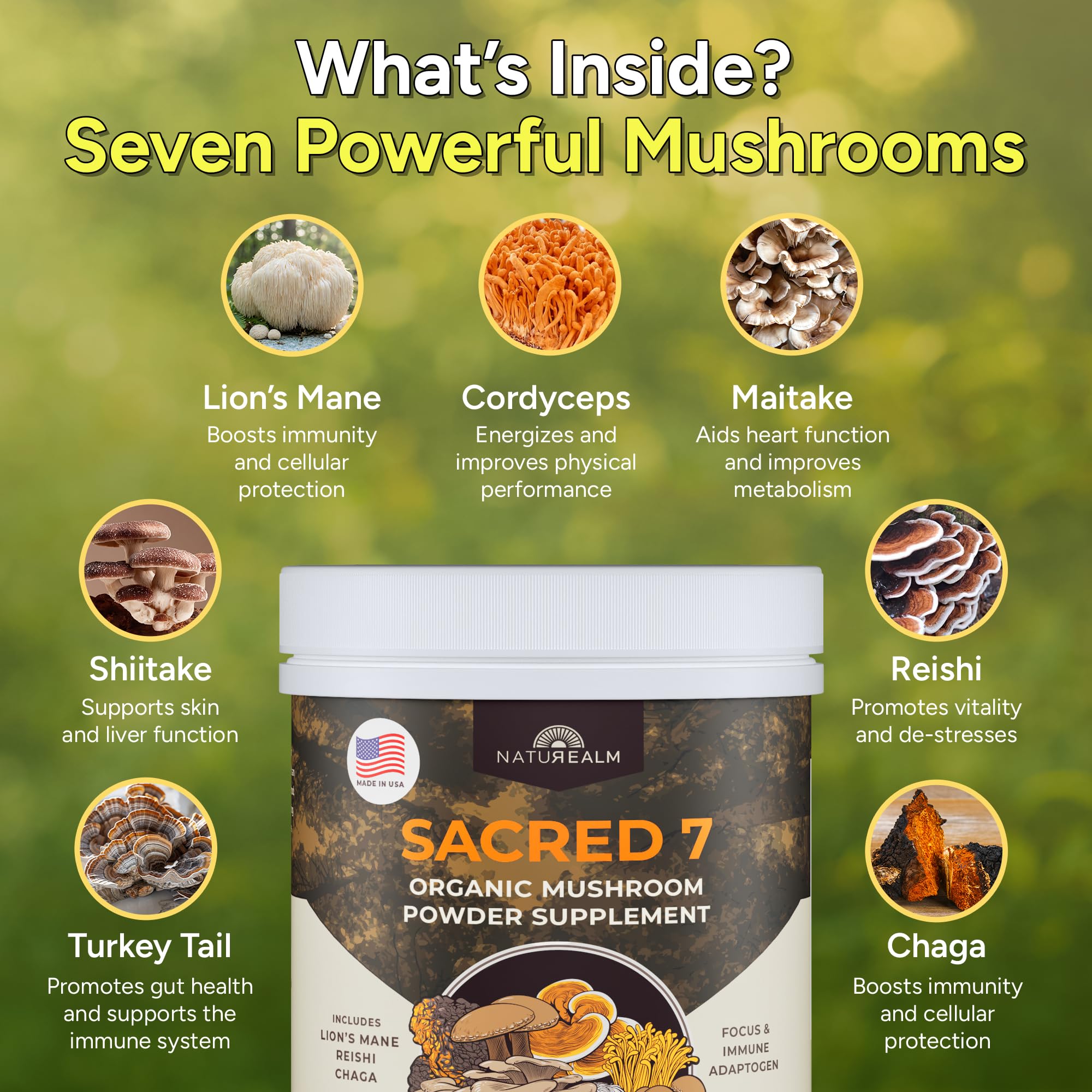 Naturealm Sacred 7 polvo disuelto en taza, demuestra mezcla sin grumos para bebida