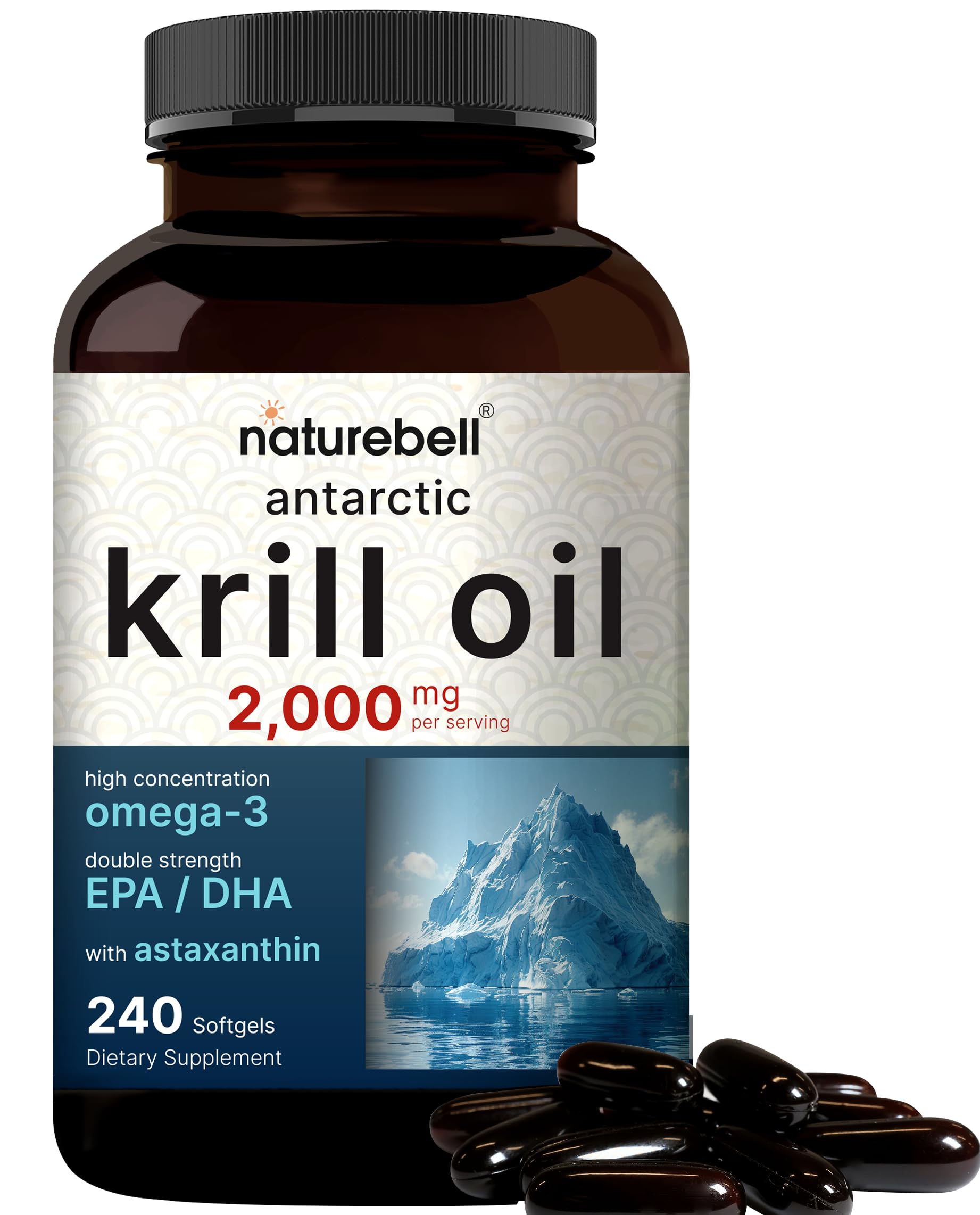 NatureBell frasco frontal del aceite de krill, presentación clara y profesional