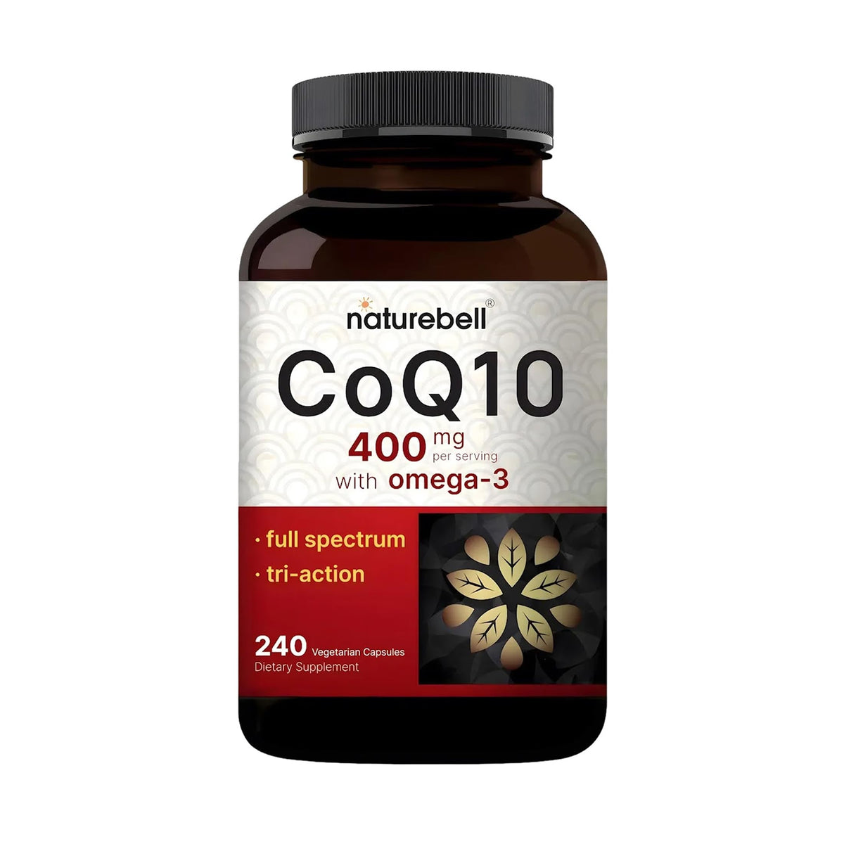 NatureBell frasco frontal del suplemento CoQ10 400 mg con omega‑3 mostrando etiqueta clara