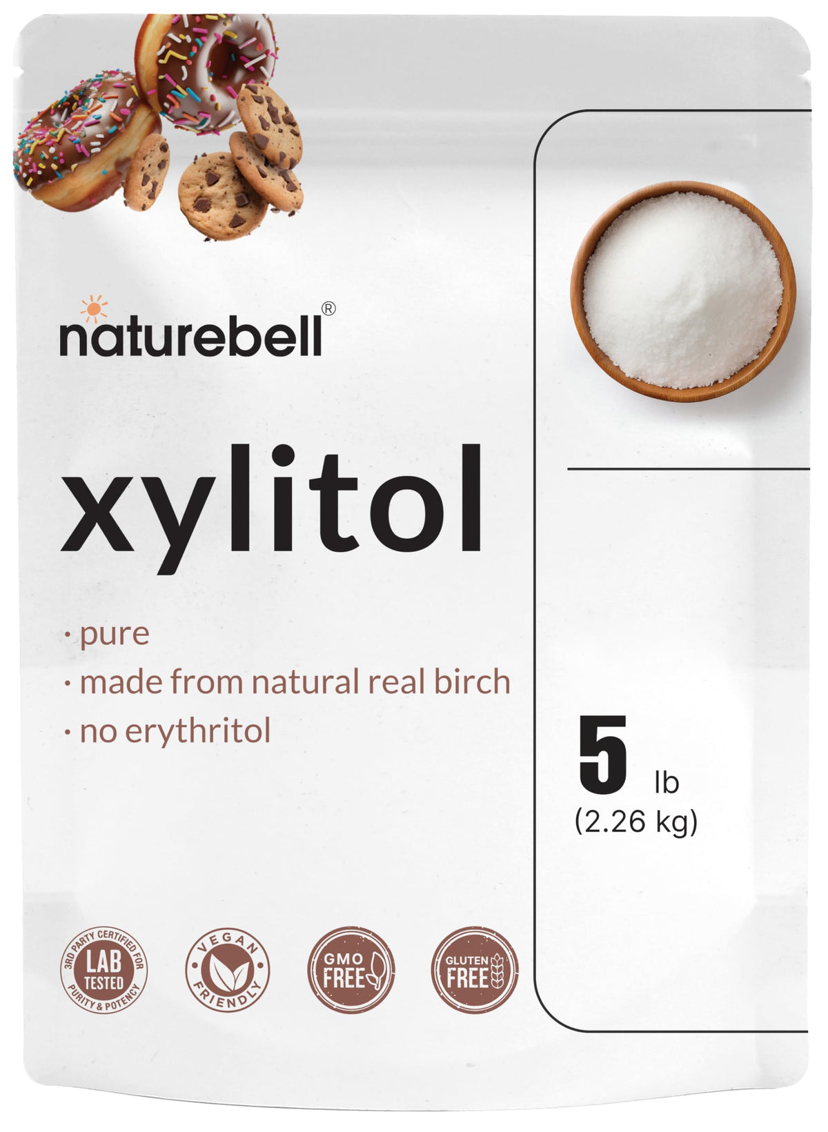 NatureBell empaque frontal mostrando 5 lb y uso como sustituto del azúcar