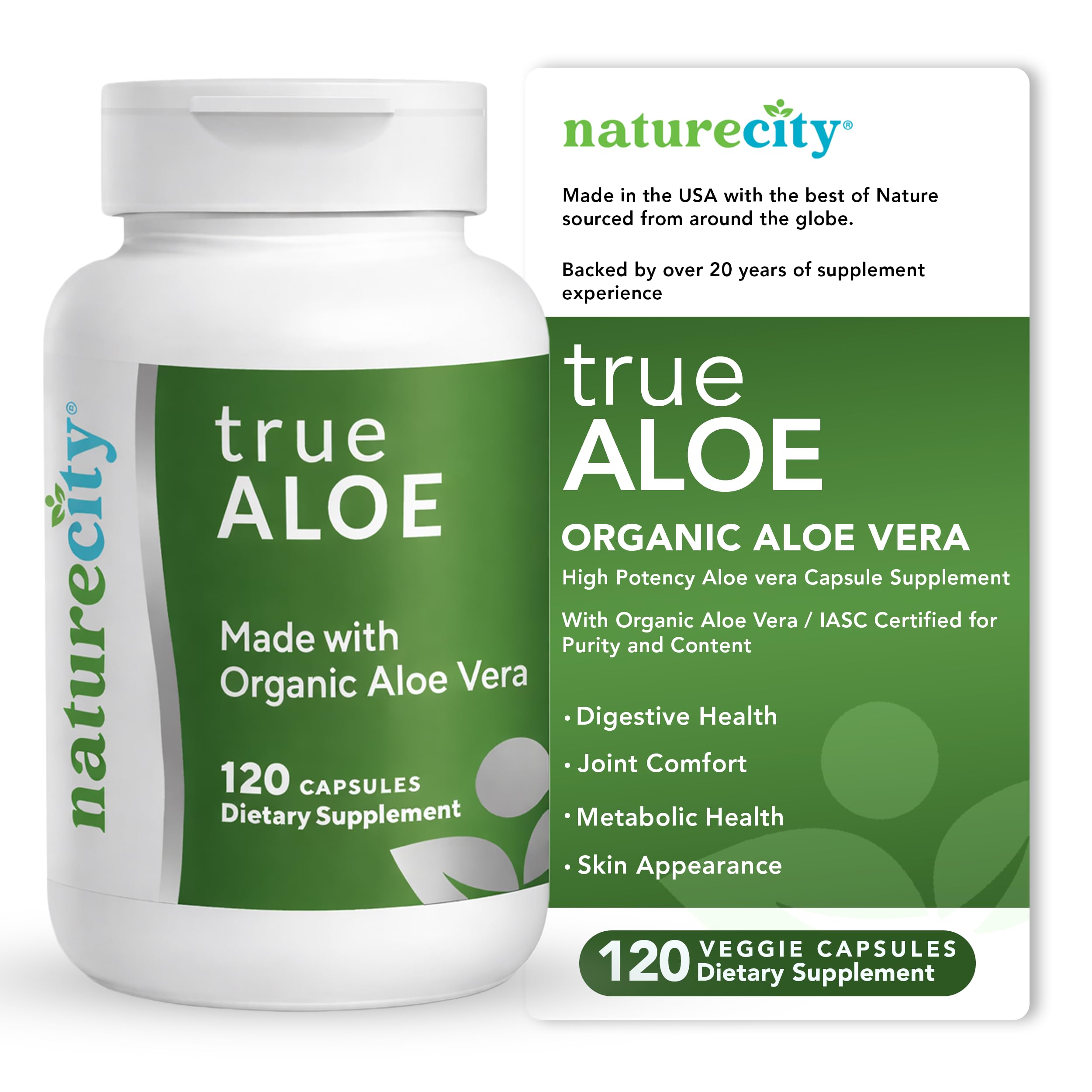 NatureCity frasco frontal mostrando diseño y cantidad 120 cápsulas, confianza de marca