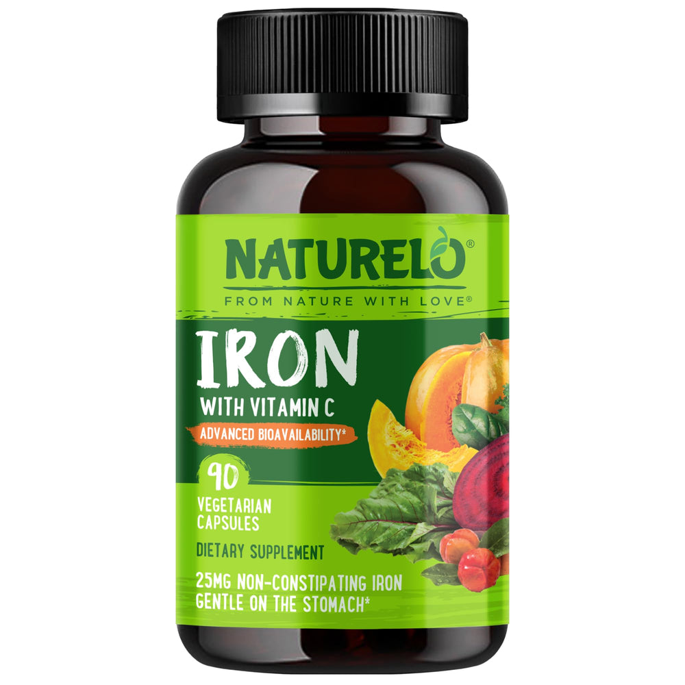 NATURELO bottle front view showing clean label and vegan iron benefit