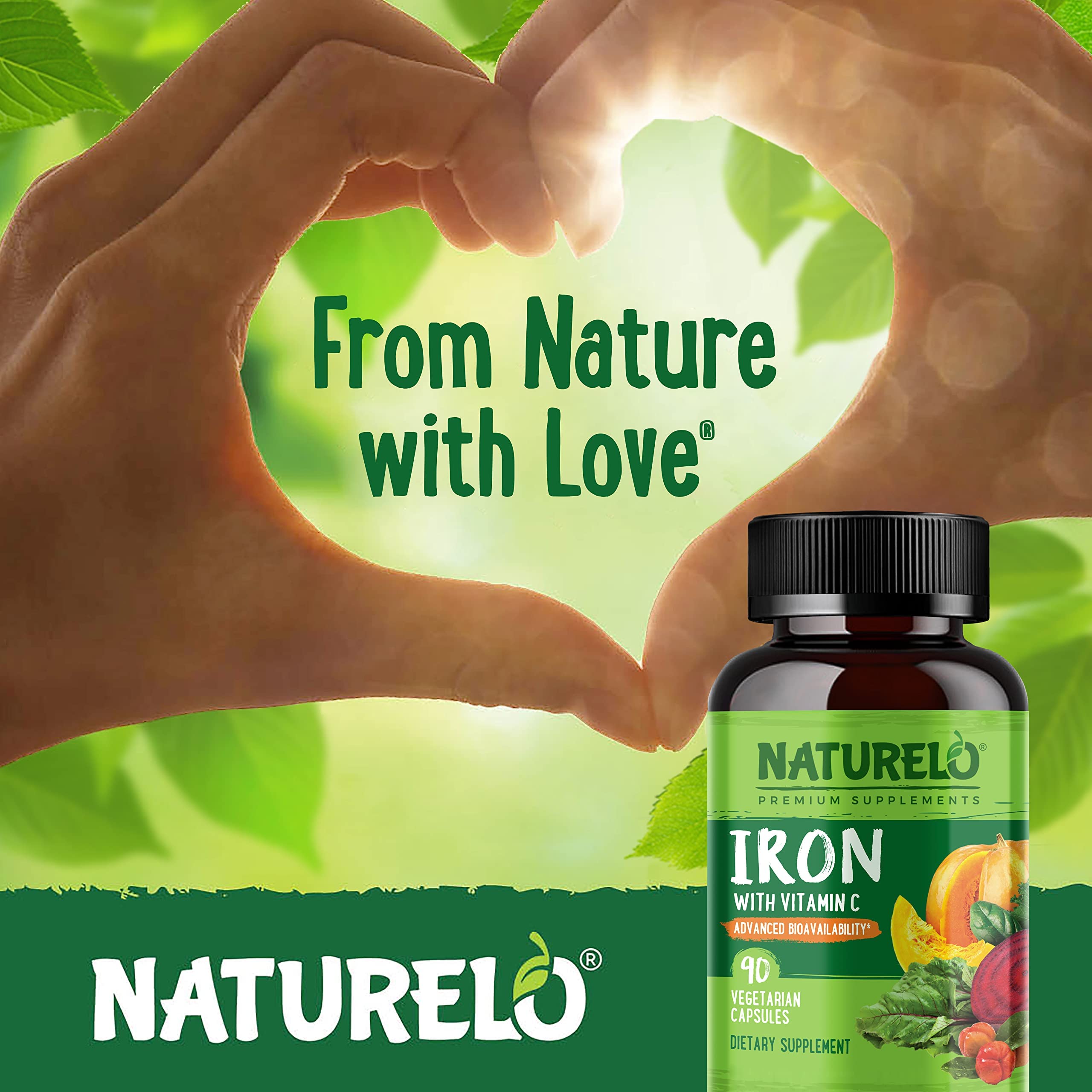 NATURELO packaging flatlay with bottle and ingredients showing premium sourcing