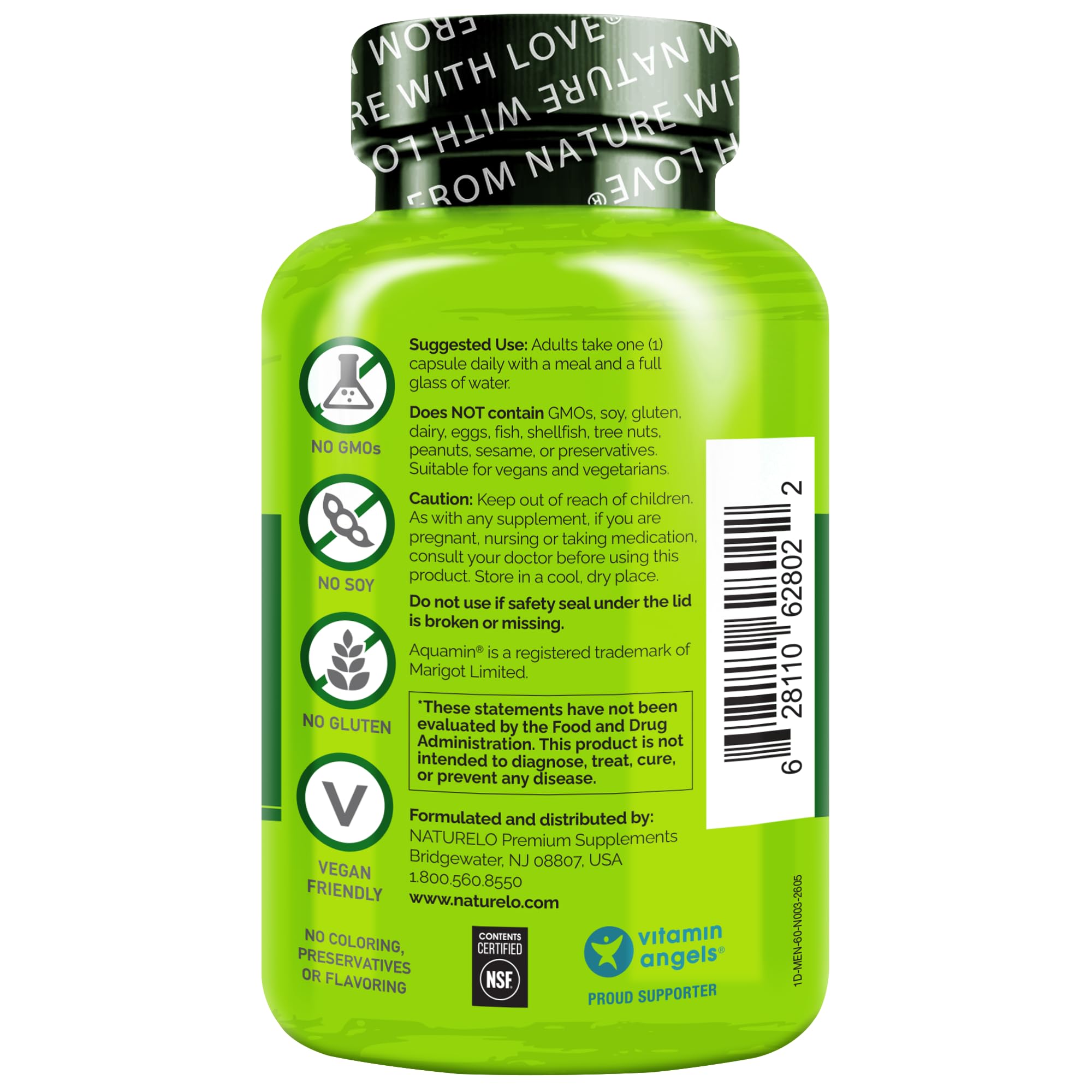 NATURELO vegan and non-GMO certification badges highlighting purity