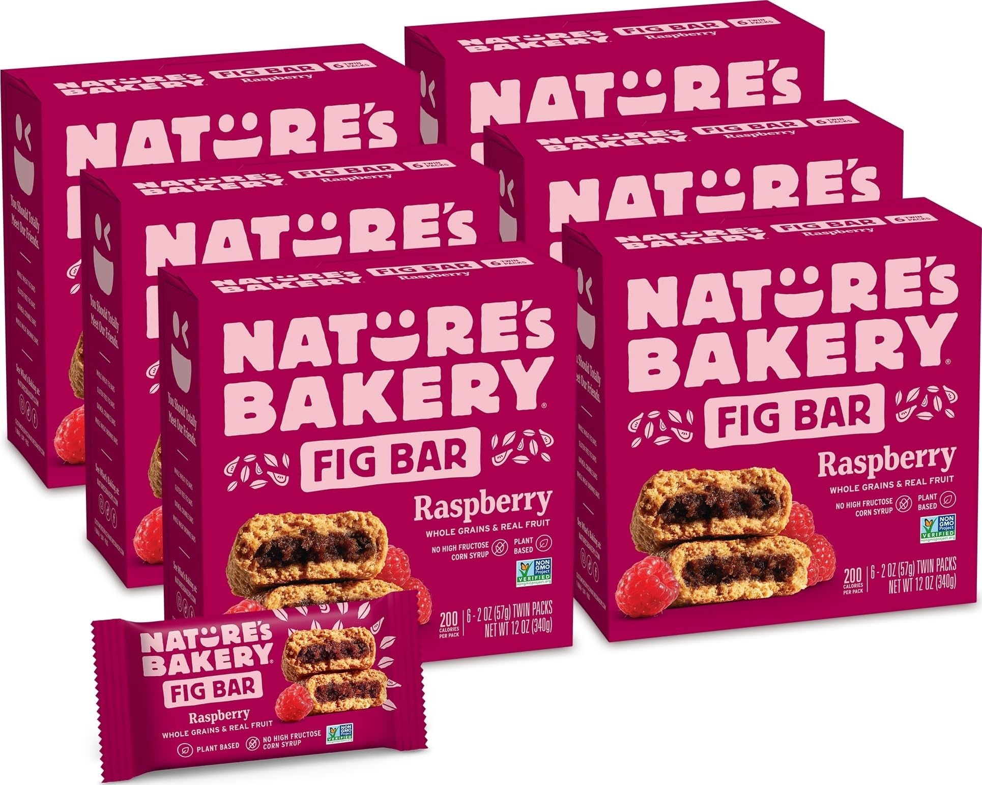 Nature's Bakery frontal del empaque mostrando pack de frambuesa y trigo integral, práctico para llevar