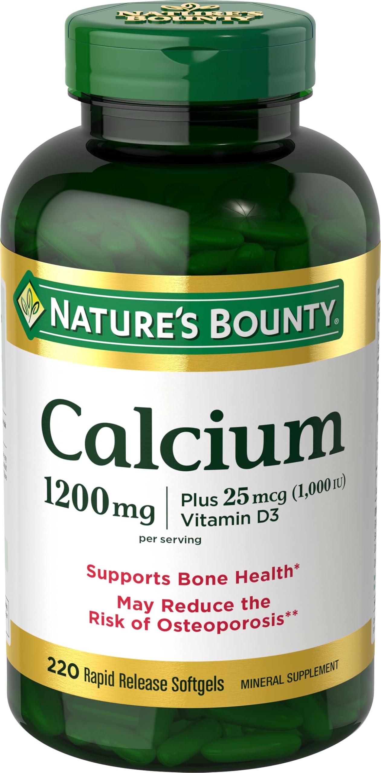 Nature's Bounty envase frontal mostrando 220 softgels y beneficios de calcio