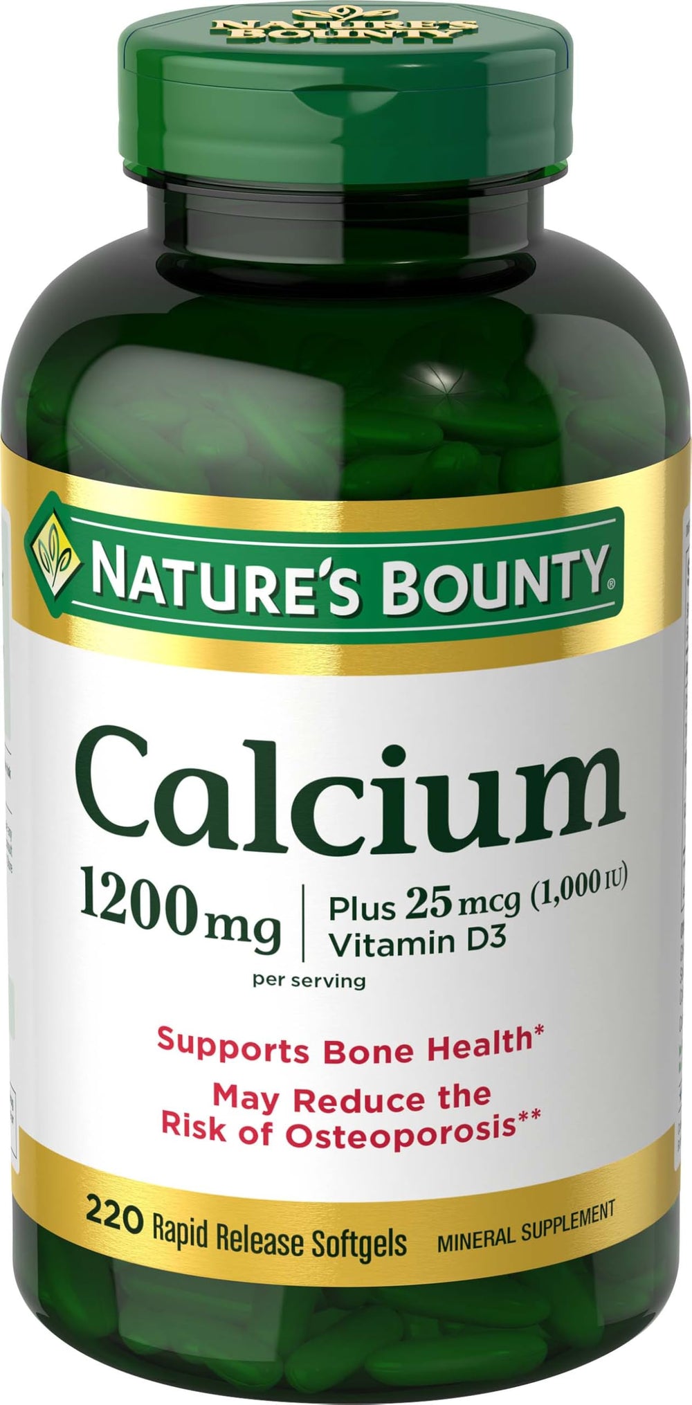 Nature's Bounty envase frontal mostrando 220 softgels y beneficios de calcio
