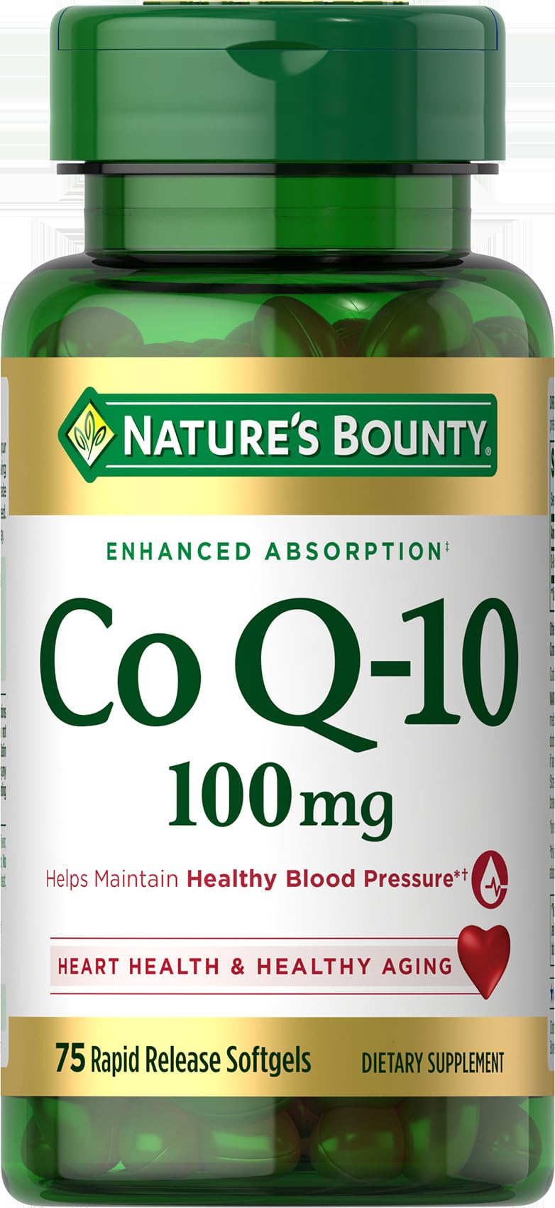 Nature's Bounty frasco CoQ10 100 mg frente muestra contenido