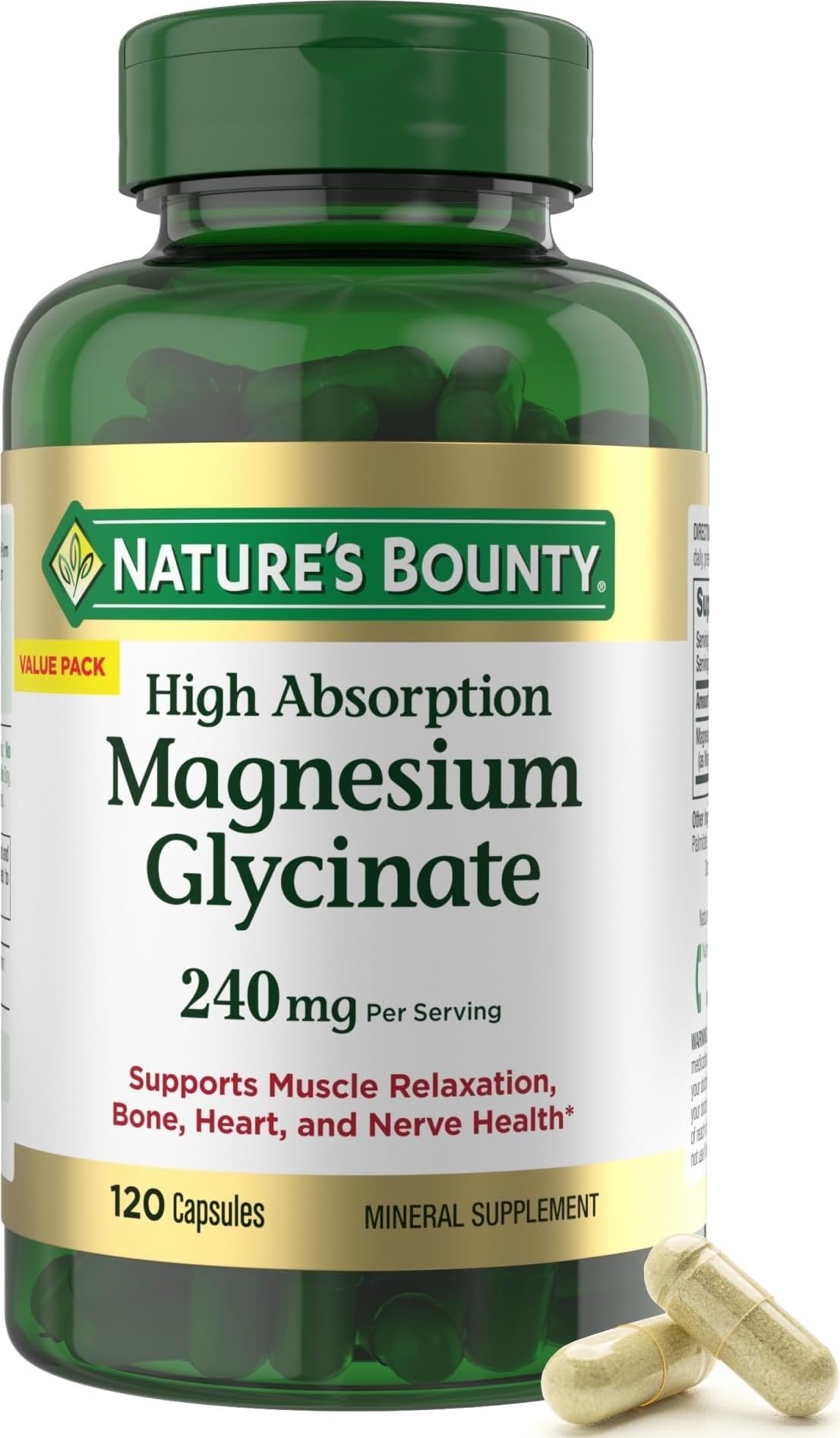 Nature's Bounty frasco delante mostrando la etiqueta y beneficio de magnesio