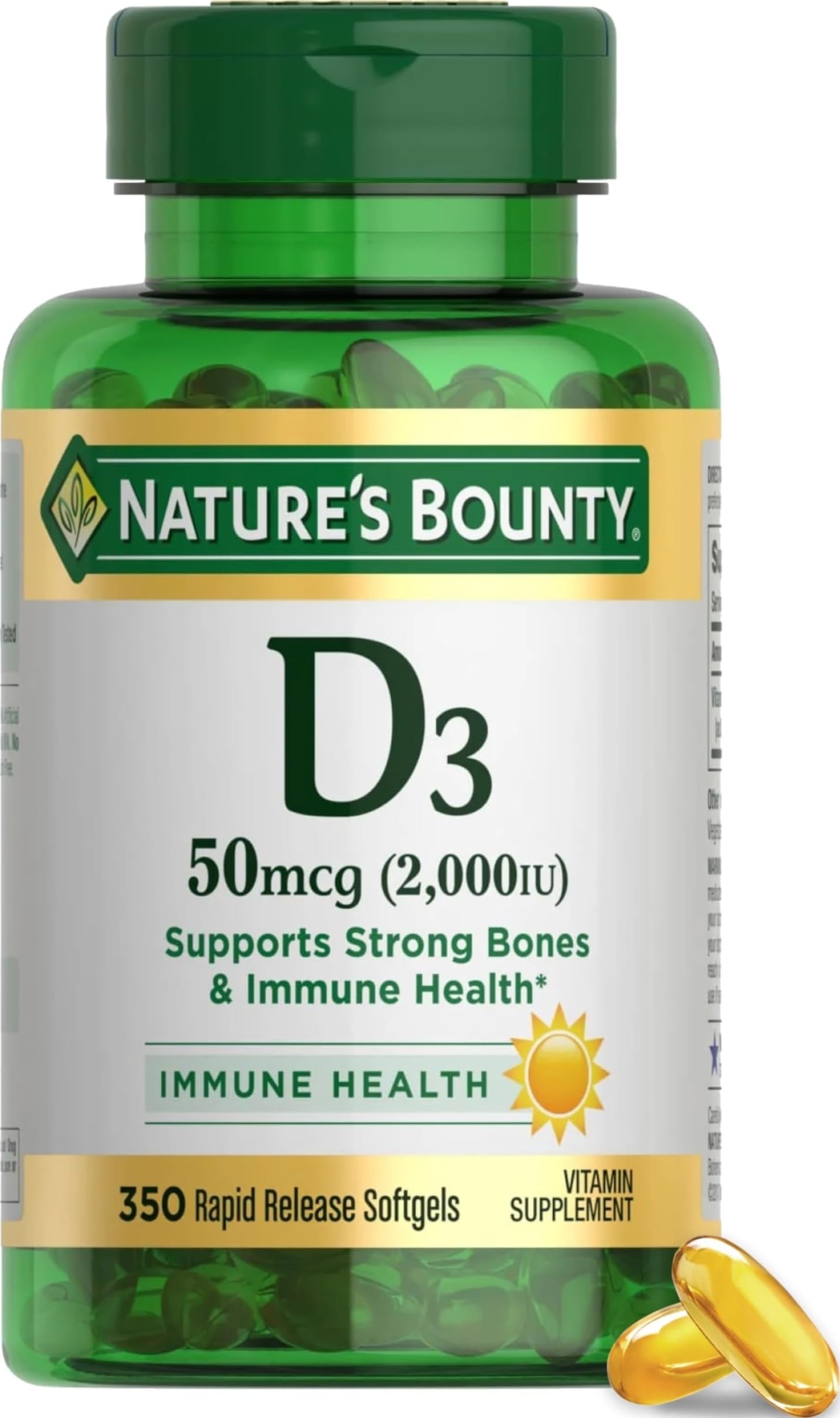 Nature's Bounty frontal del envase mostrando etiqueta y beneficio de 2000 IU