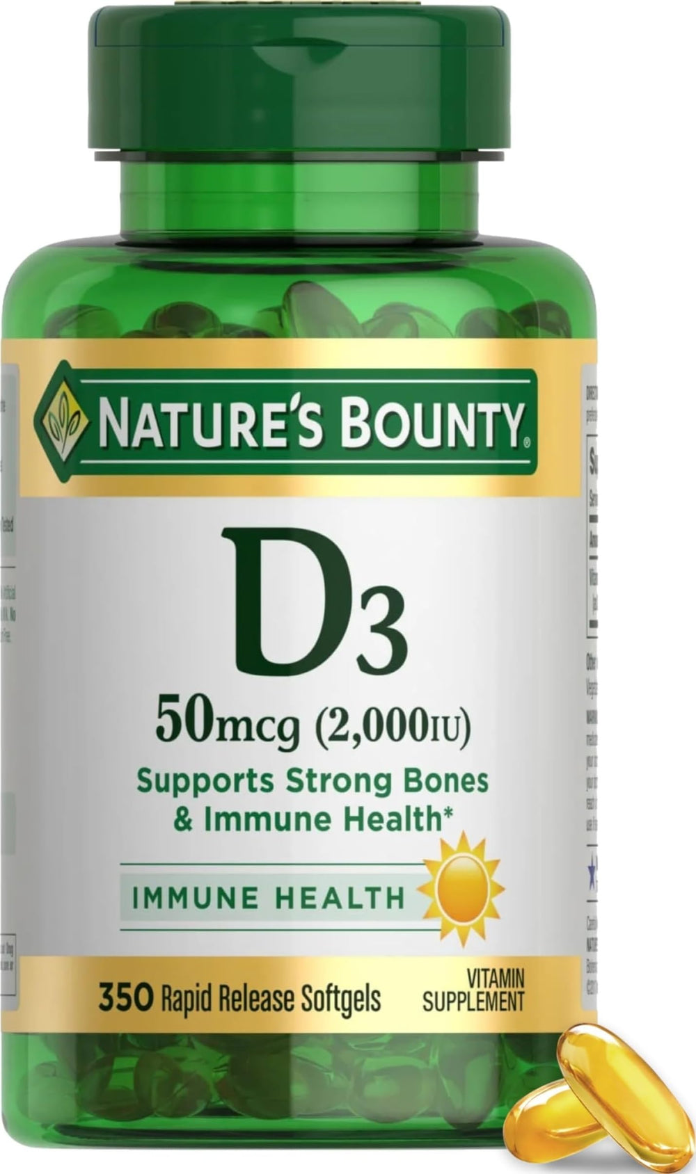 Nature's Bounty frontal del envase mostrando etiqueta y beneficio de 2000 IU