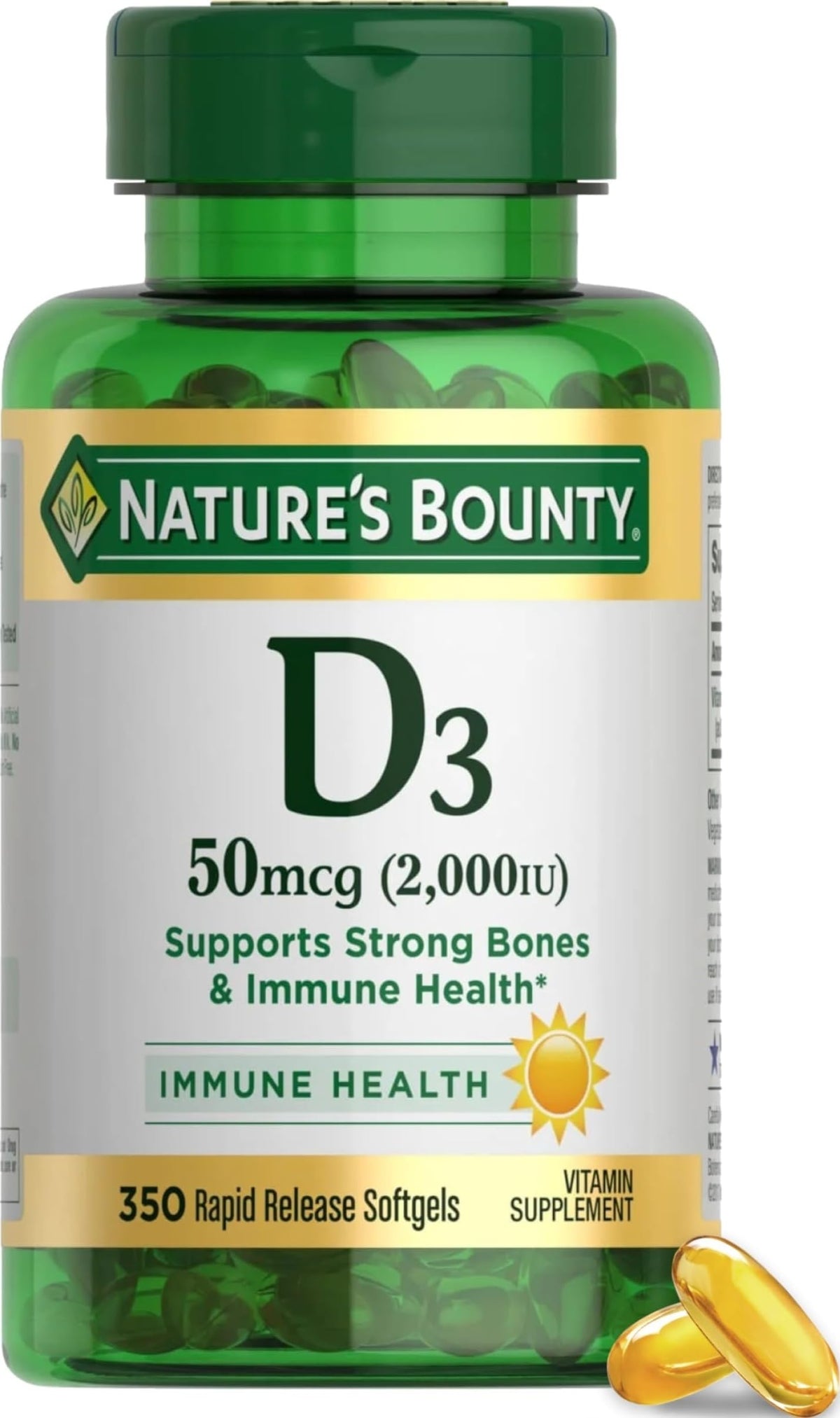 Nature's Bounty frontal del envase mostrando etiqueta y beneficio de 2000 IU