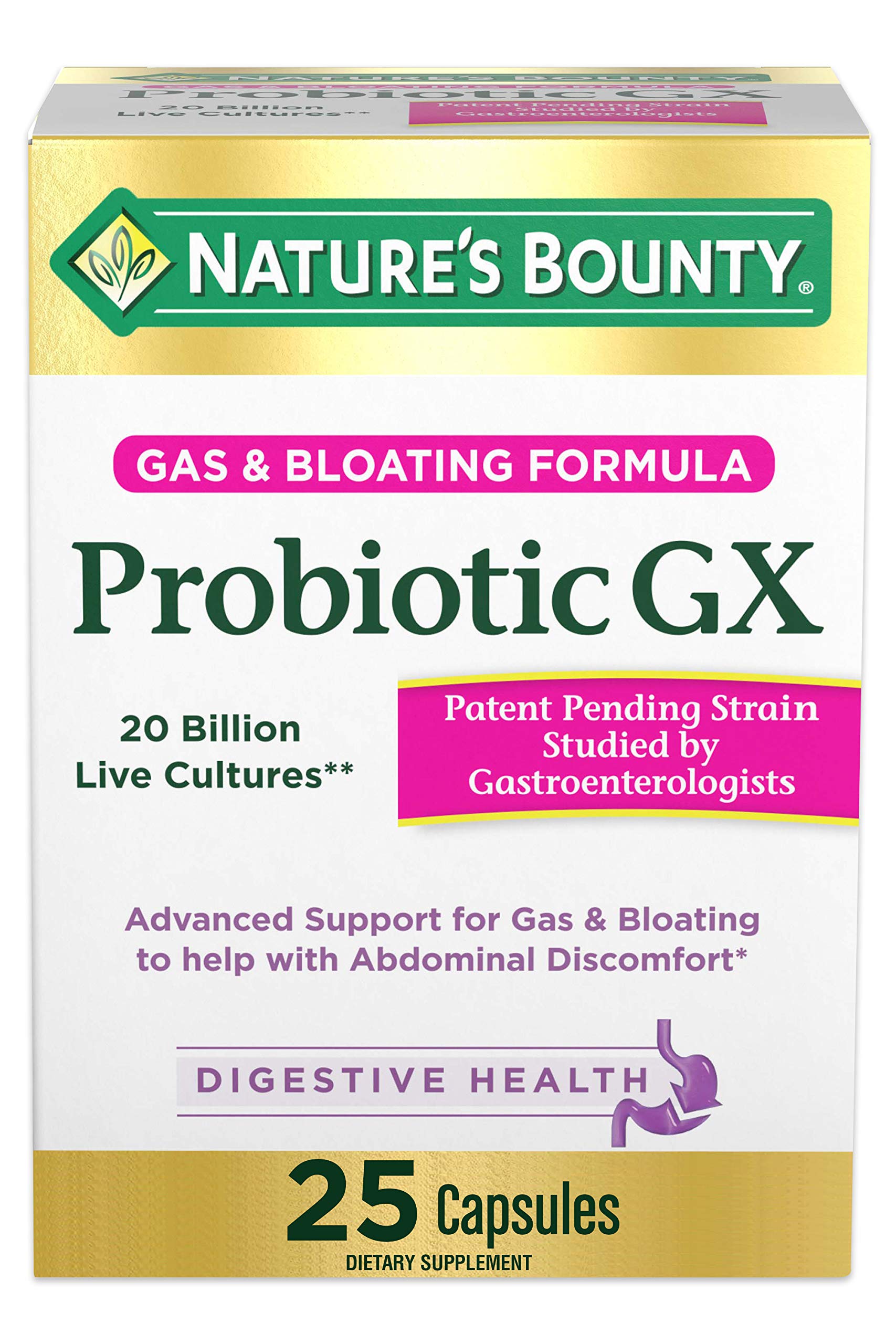 Nature's Bounty frente del empaque mostrando Probiotic GX y beneficios digestivos