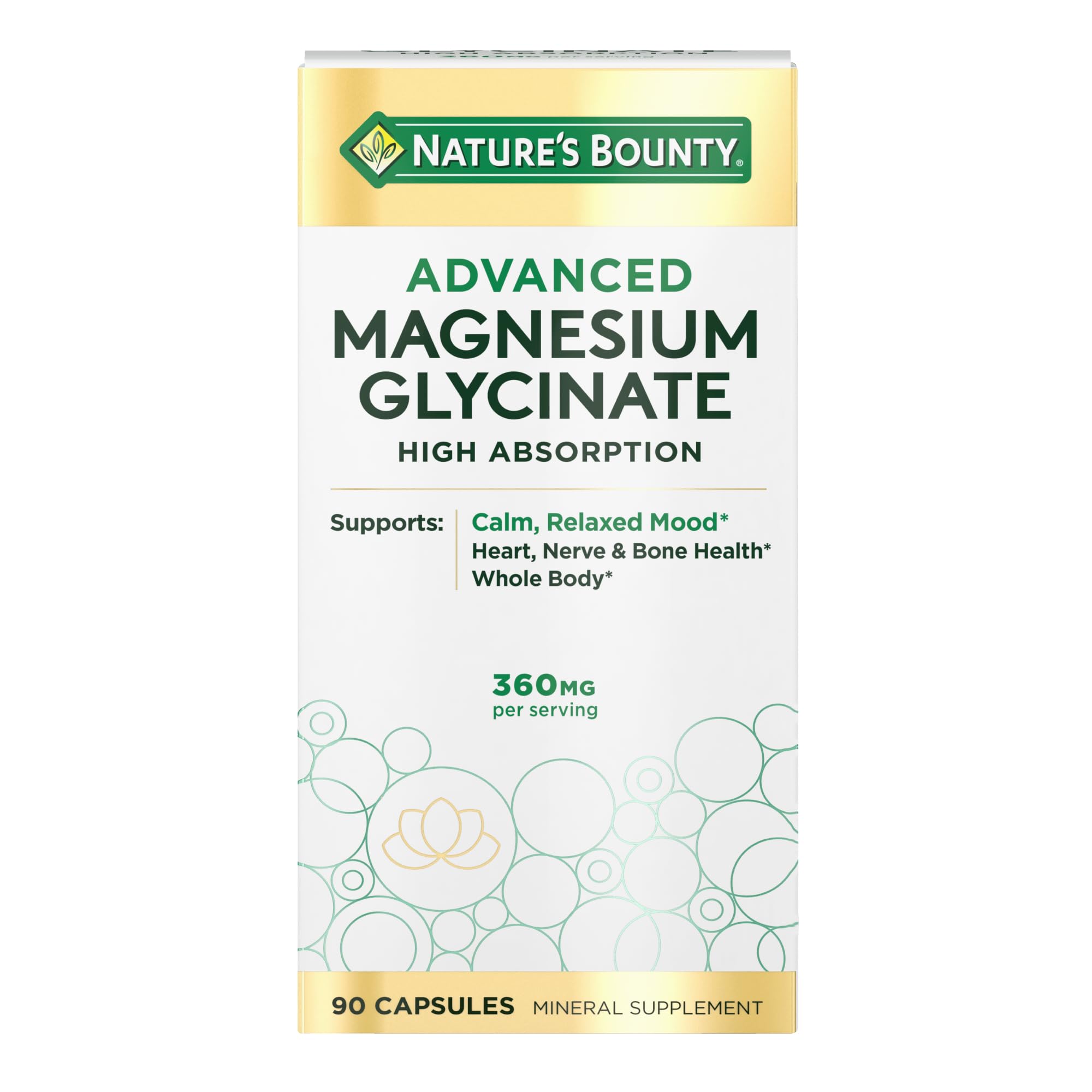 Nature's Bounty envase frontal que muestra 90 cápsulas y beneficios claros