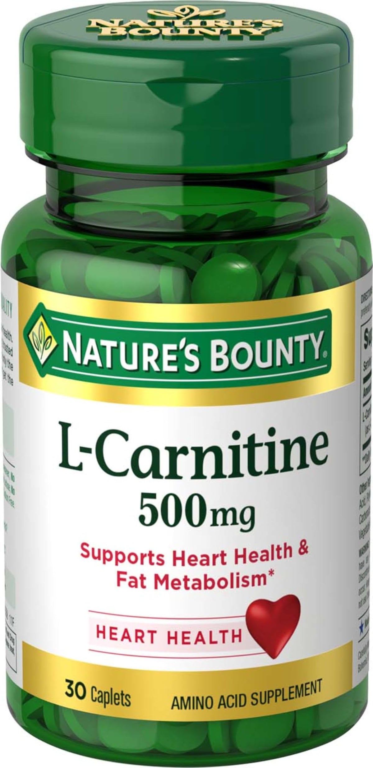 Nature's Bounty envase frontal mostrando L-Carnitina 500 mg y beneficios
