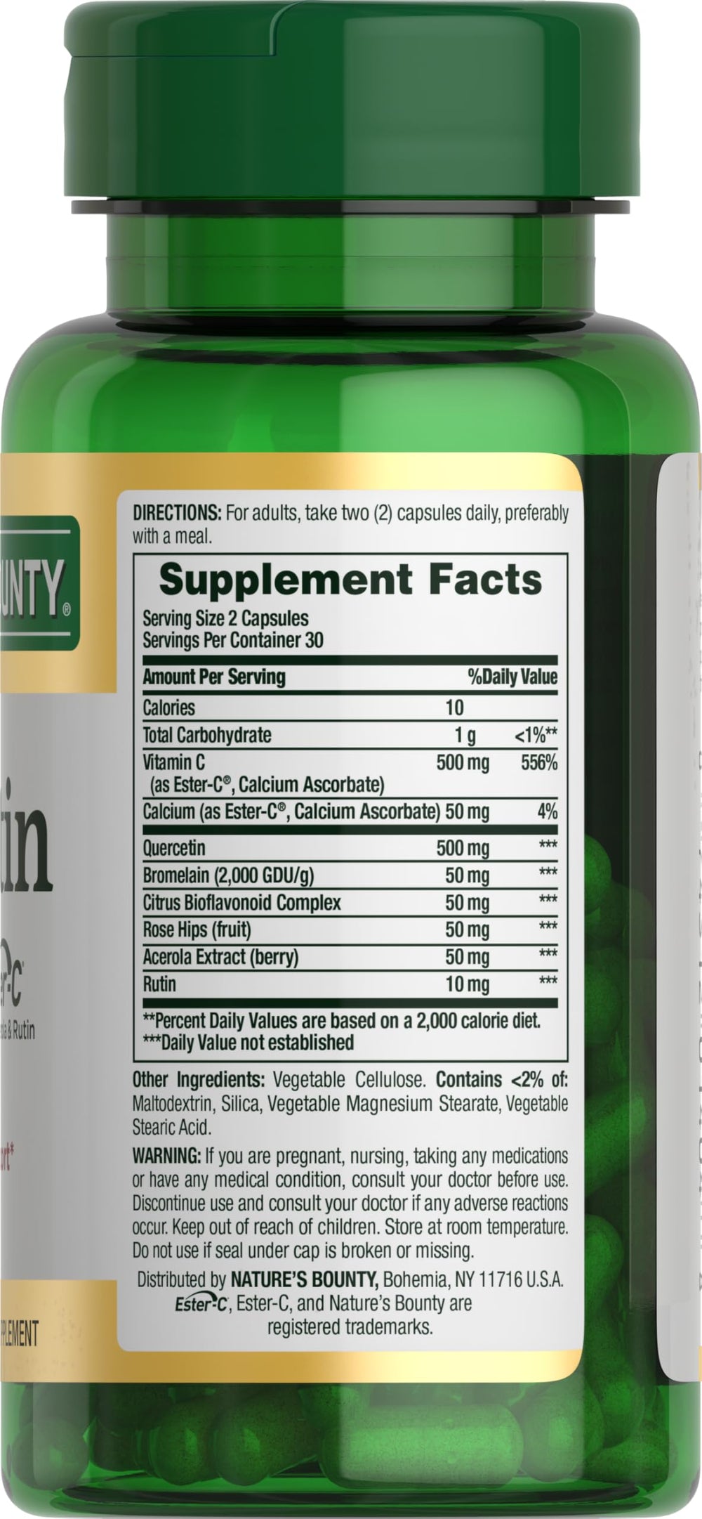 Nature's Bounty etiqueta nutricional en primer plano con dosis e ingredientes