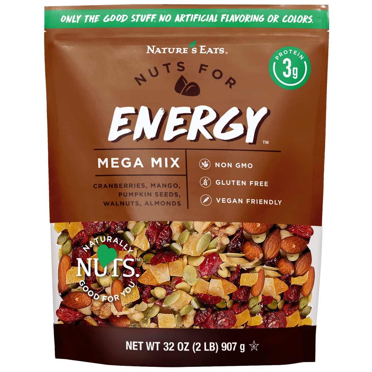 Nature's Eats frente del envase mostrando bolsa resellable y mezcla atractiva