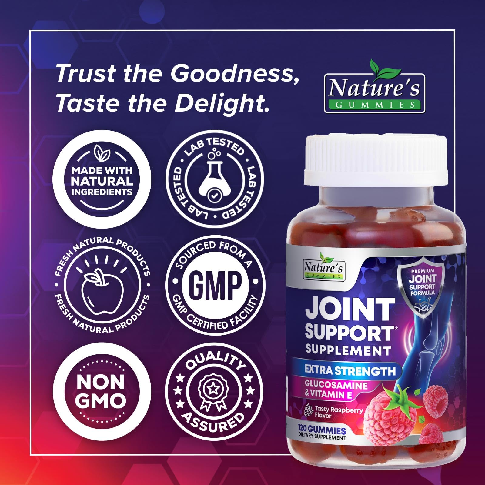 Nature's Gummies etiqueta con lista de ingredientes y certificado cGMP visible