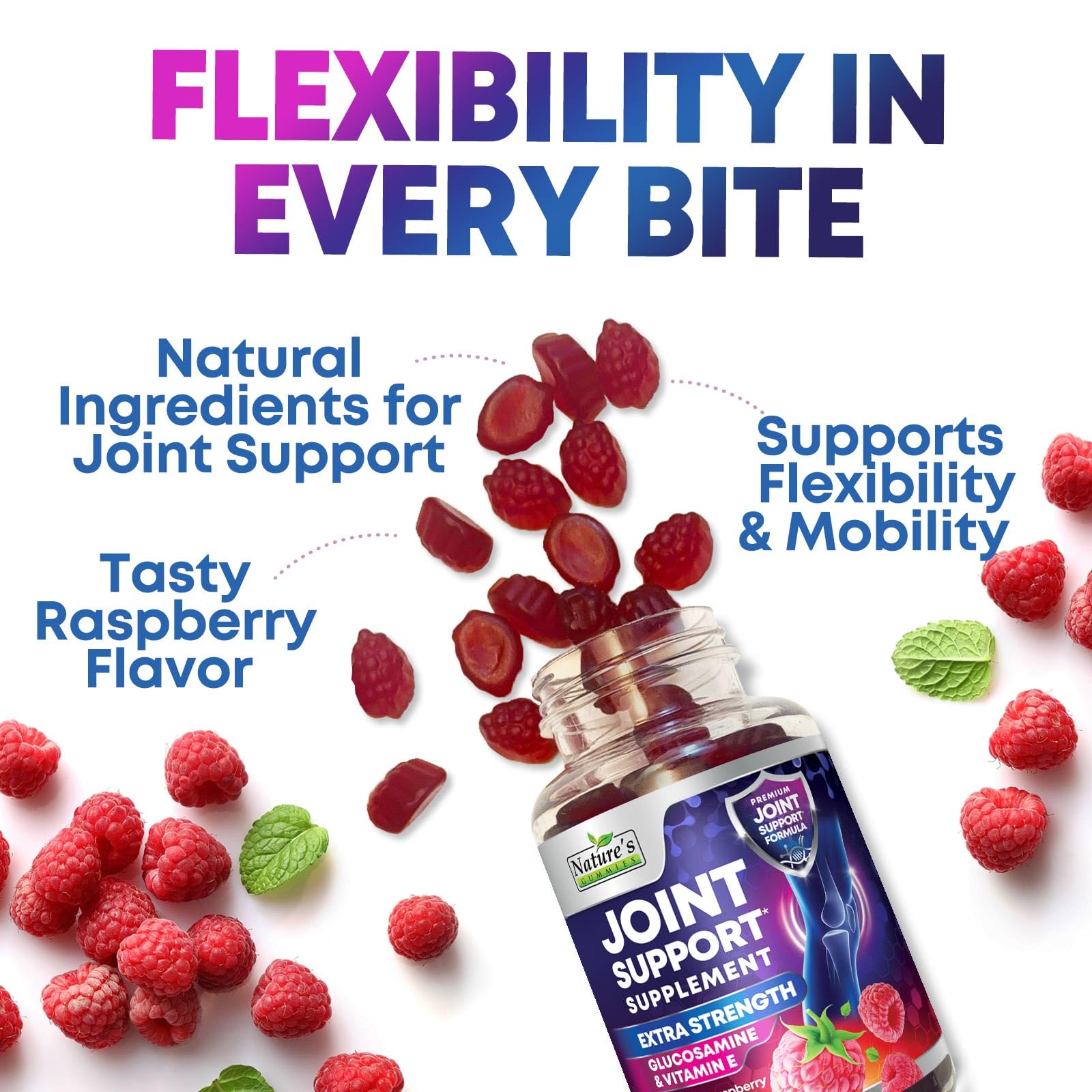 Nature's Gummies grupo de gominolas en superficie blanca enfatizando color y sabor