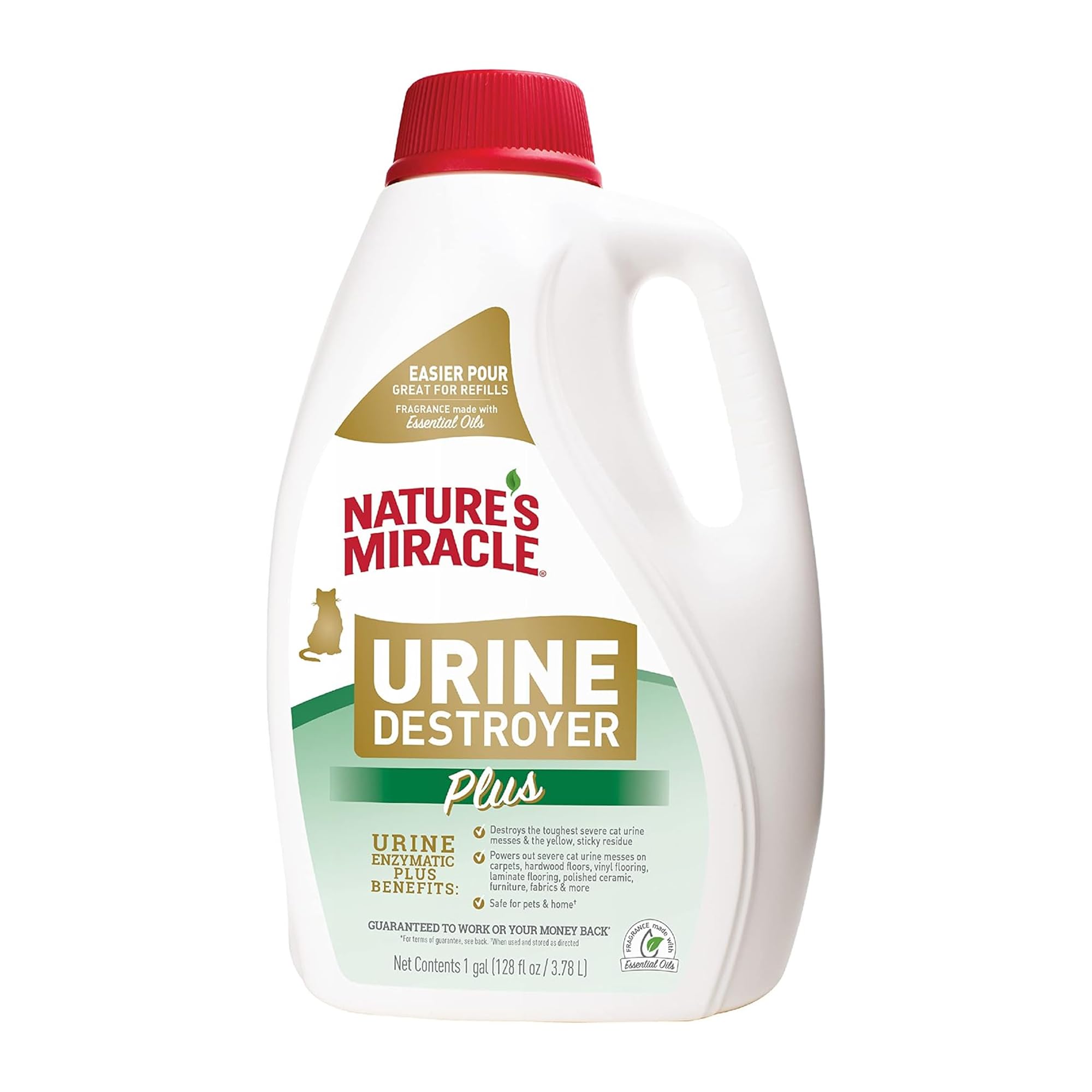 Nature's Miracle frontal de botella 1 gal mostrando etiquetado y utilidad